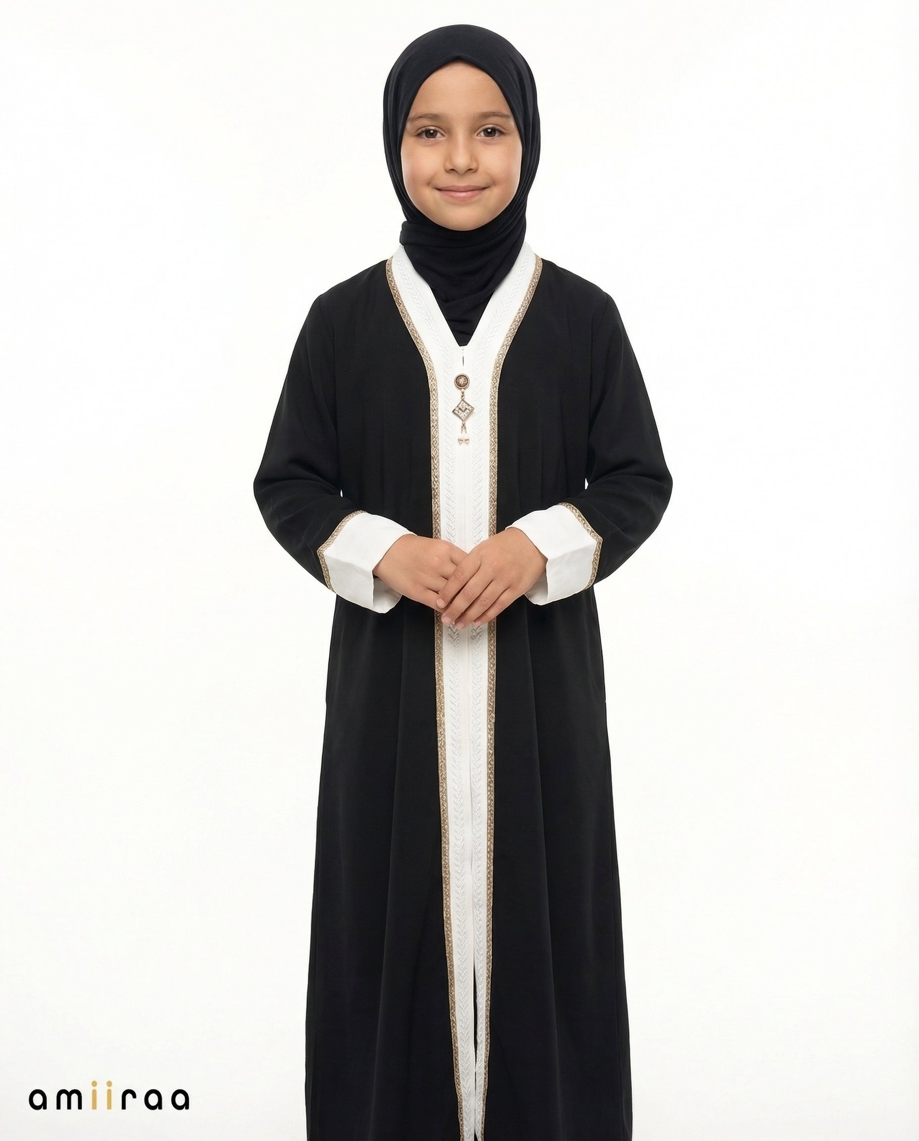 Stretch Limo Girls Elegant Open Abaya with Gold Trim Detailing