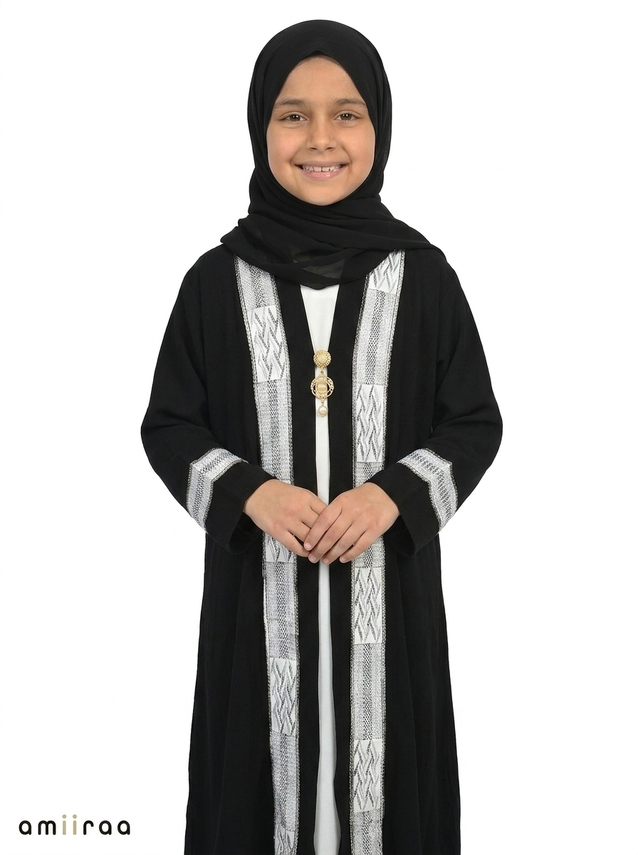 Tap Shoe Girls Saudi Abaya with Textured Silver Trim