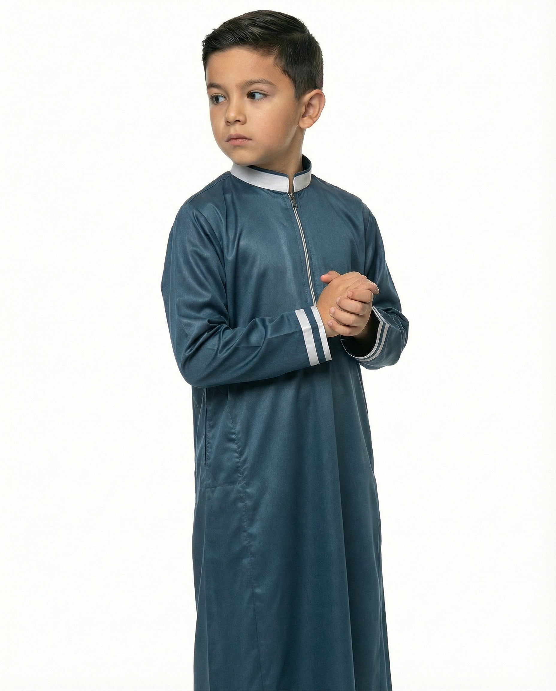 Ensign Blue Emirati Zip Collar Thobe with Contrast Cuff Trim