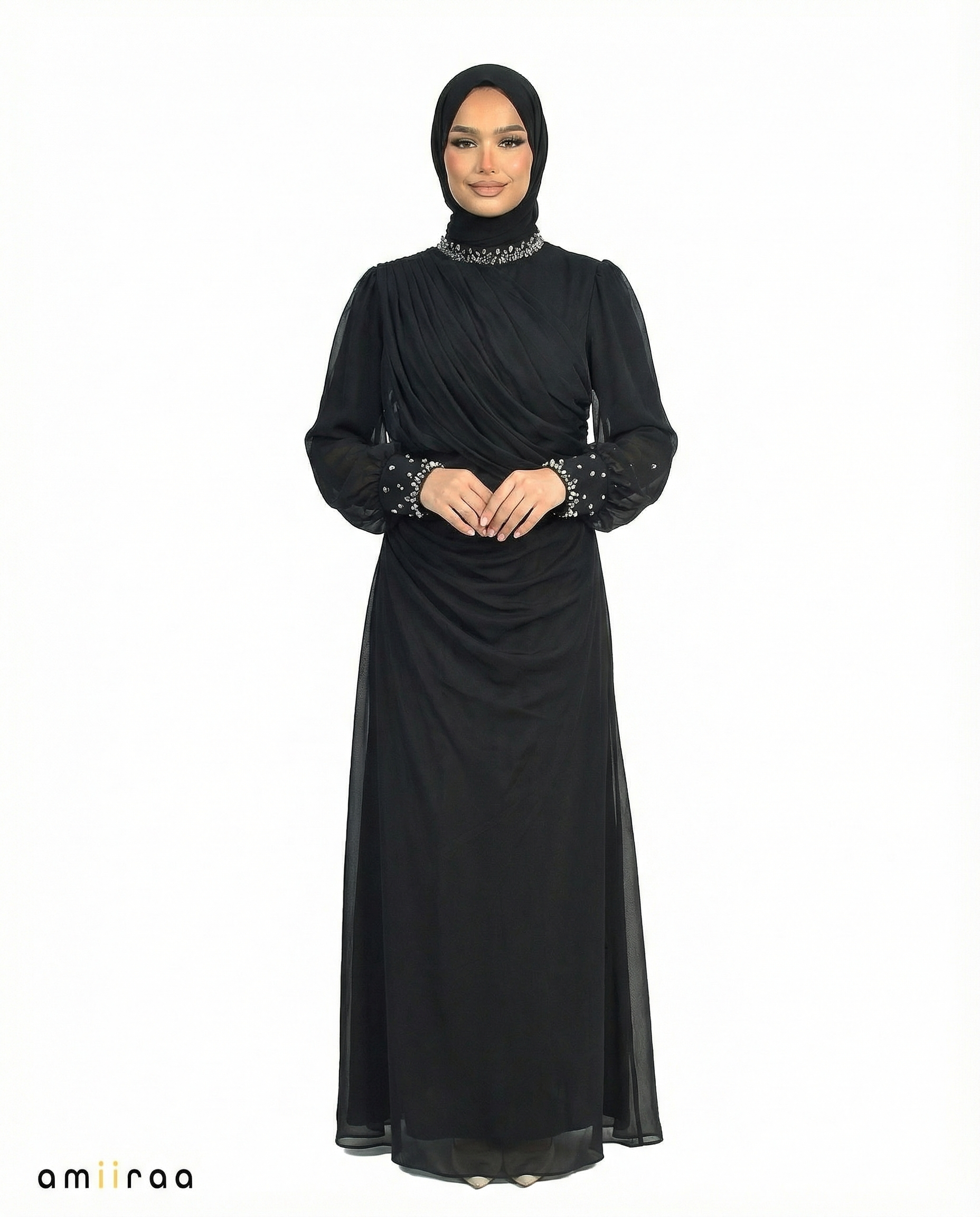 Meteorite Draped Chiffon Maxi Dress with Beaded Embellished Neckline & Cuffs