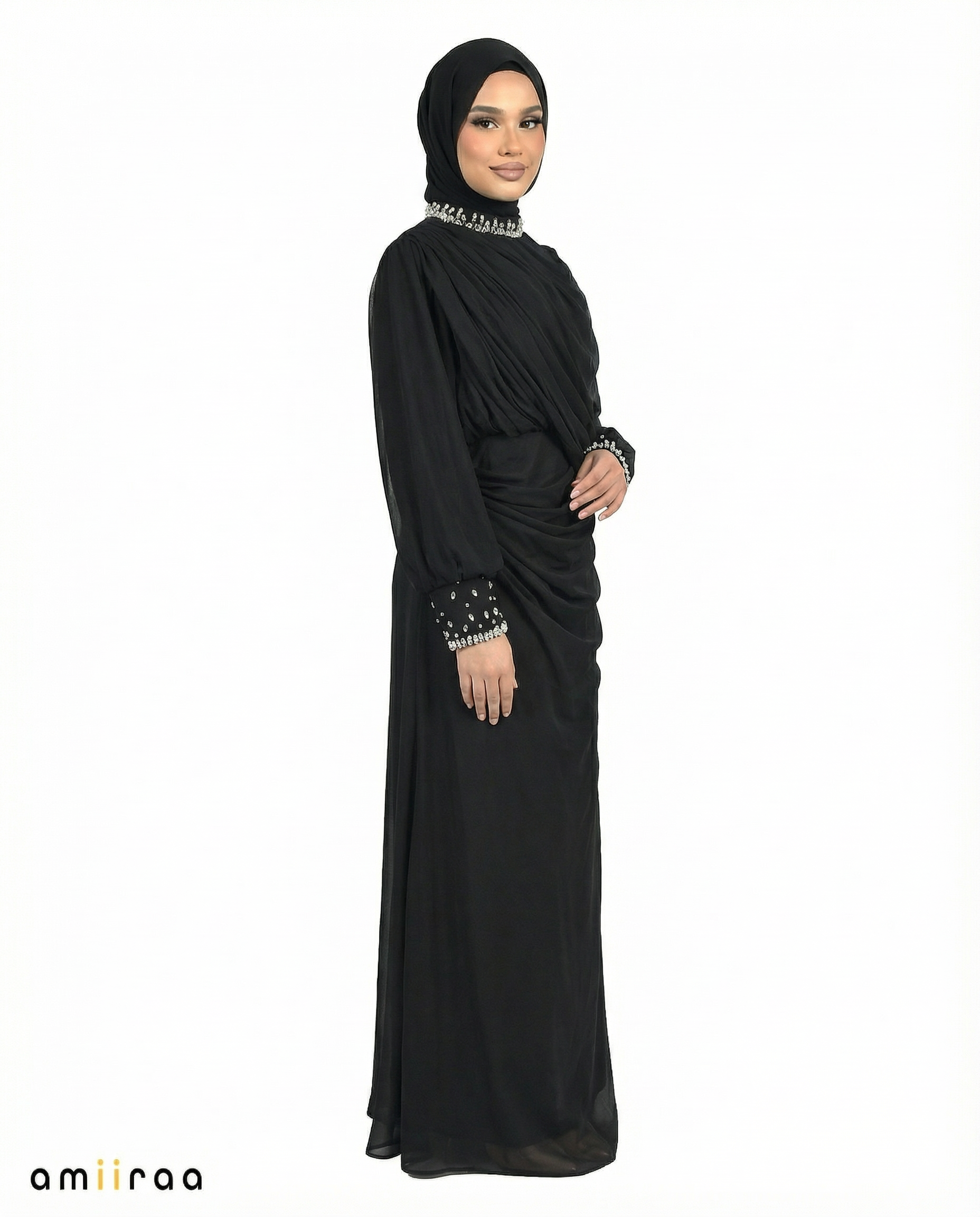 Meteorite Draped Chiffon Maxi Dress with Beaded Embellished Neckline & Cuffs