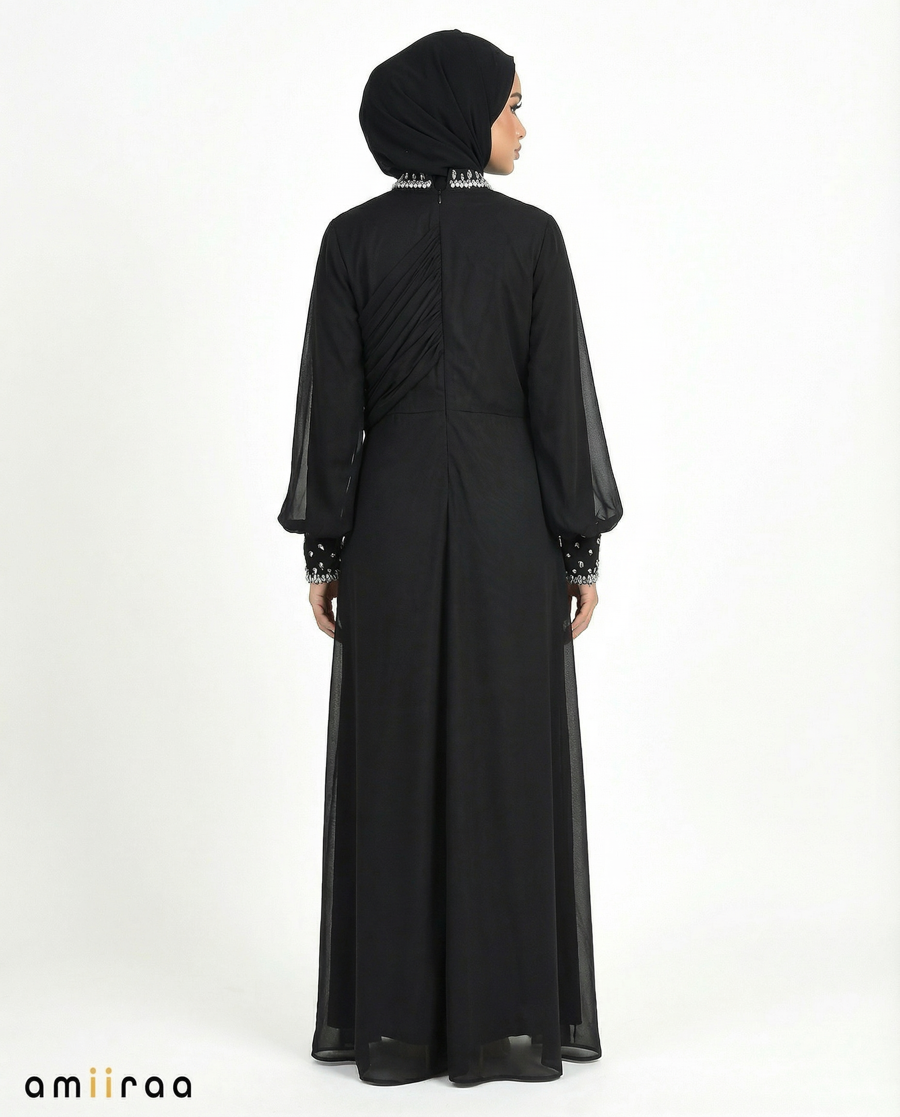 Meteorite Draped Chiffon Maxi Dress with Beaded Embellished Neckline & Cuffs