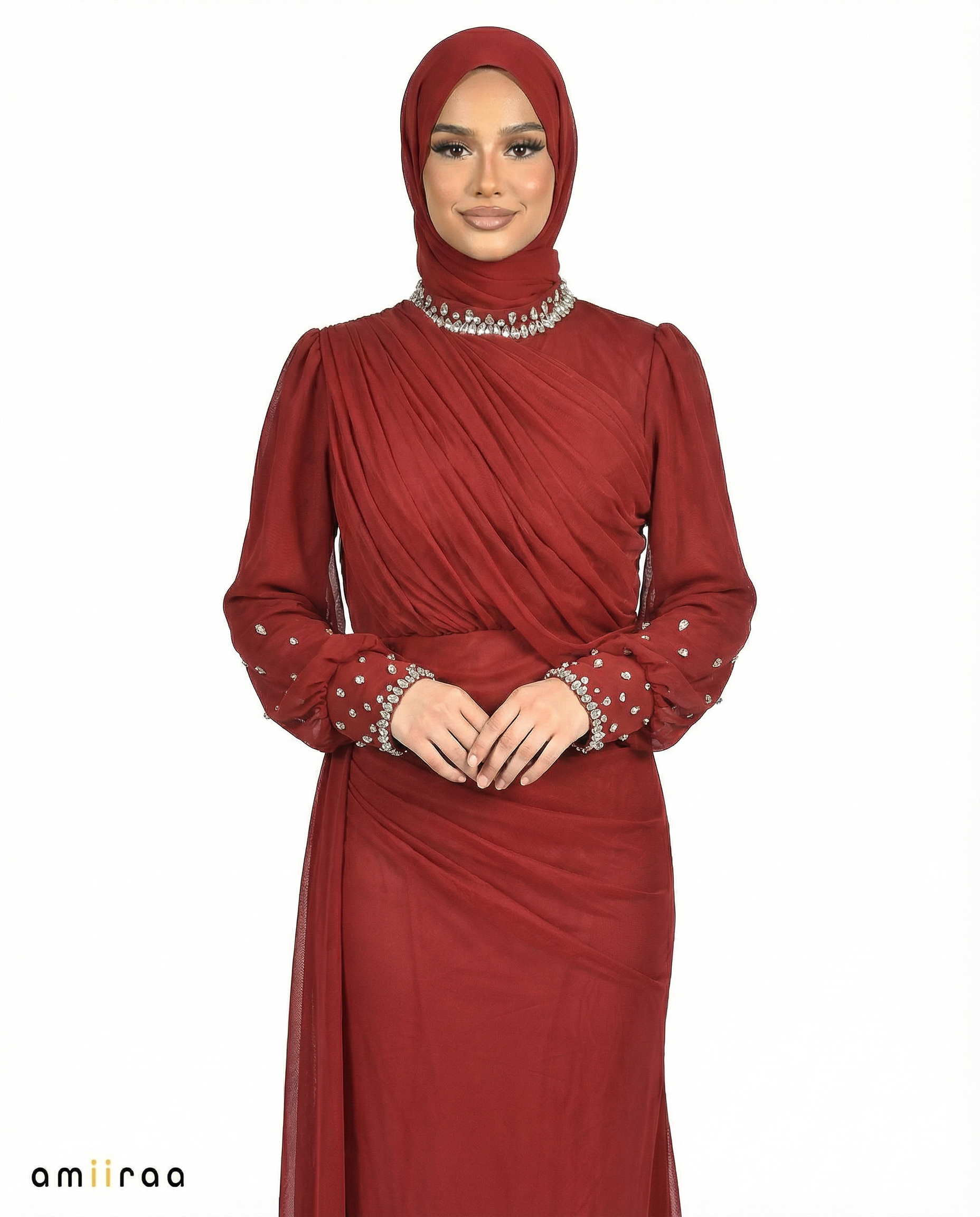 Rhododendron Draped Chiffon Maxi Dress with Beaded Embellished Neckline & Cuffs