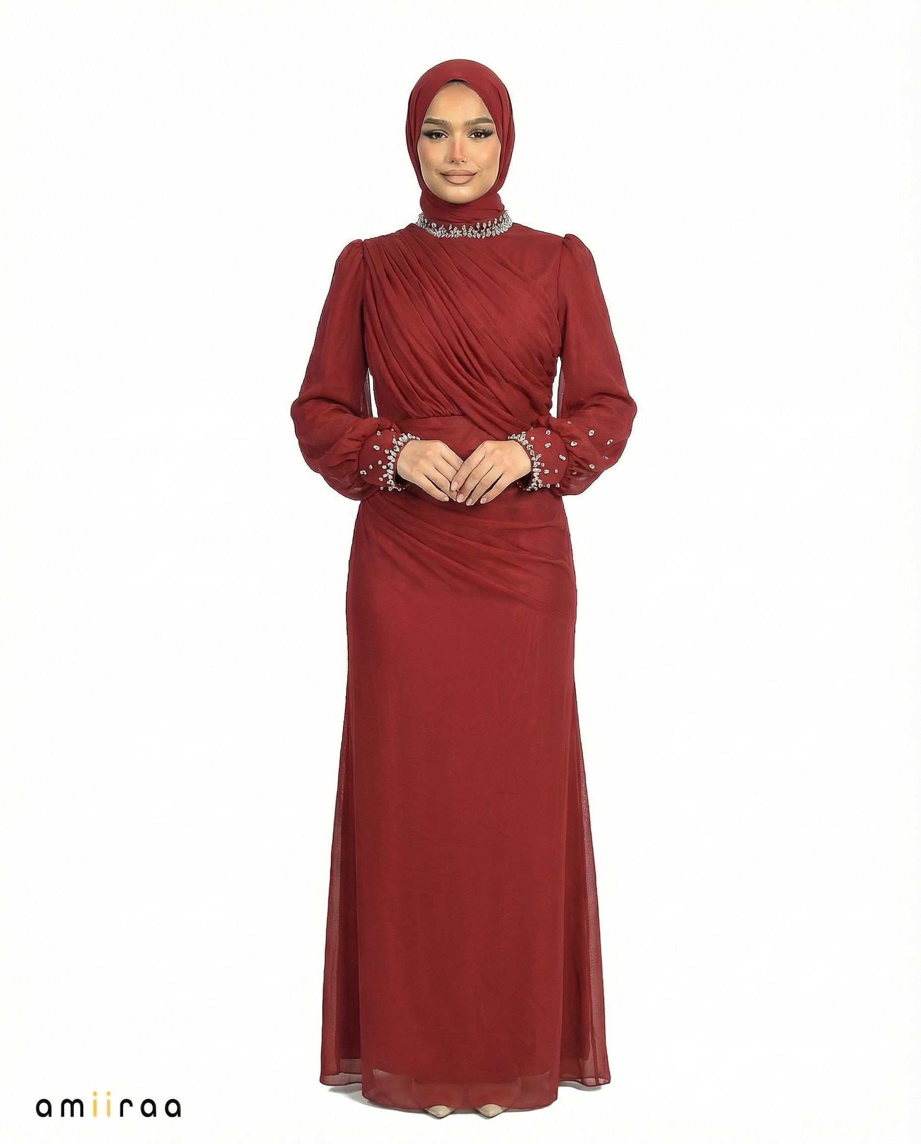 Rhododendron Draped Chiffon Maxi Dress with Beaded Embellished Neckline & Cuffs