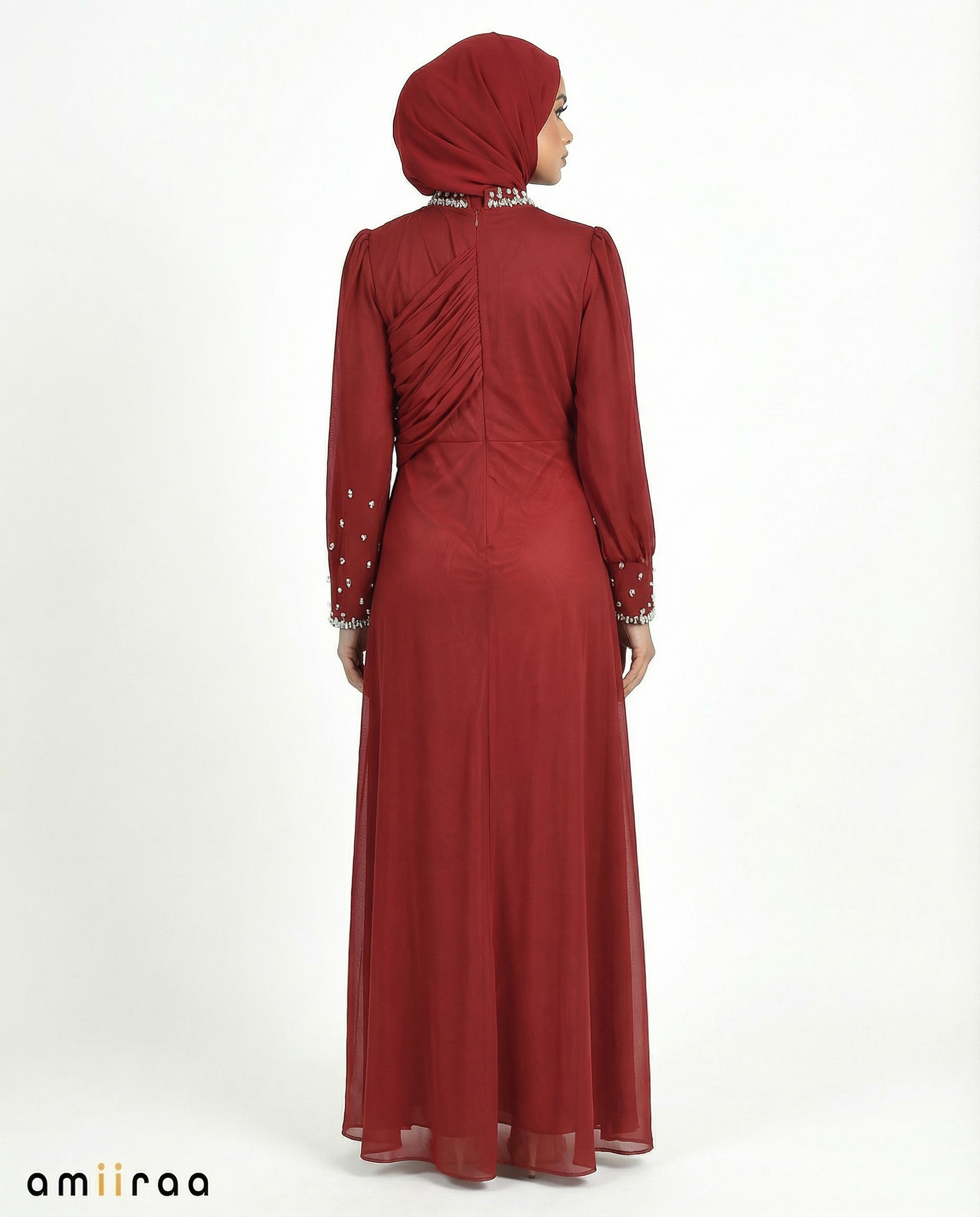 Rhododendron Draped Chiffon Maxi Dress with Beaded Embellished Neckline & Cuffs