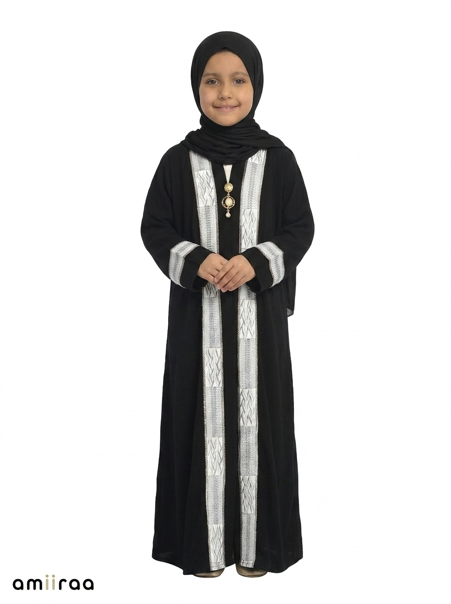 Tap Shoe Girls Saudi Abaya with Textured Silver Trim
