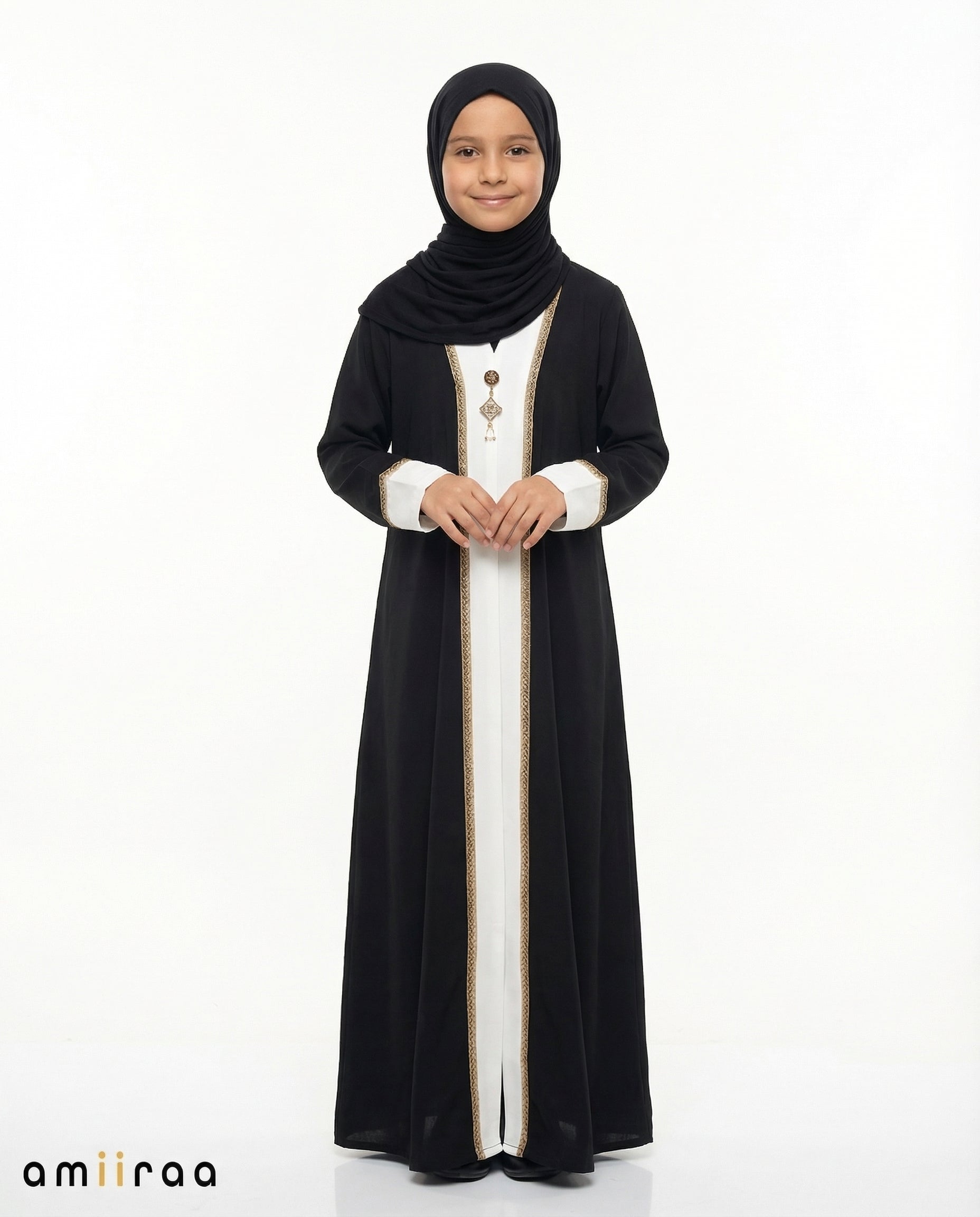 Stretch Limo Girls Elegant Open Abaya with Gold Trim Detailing