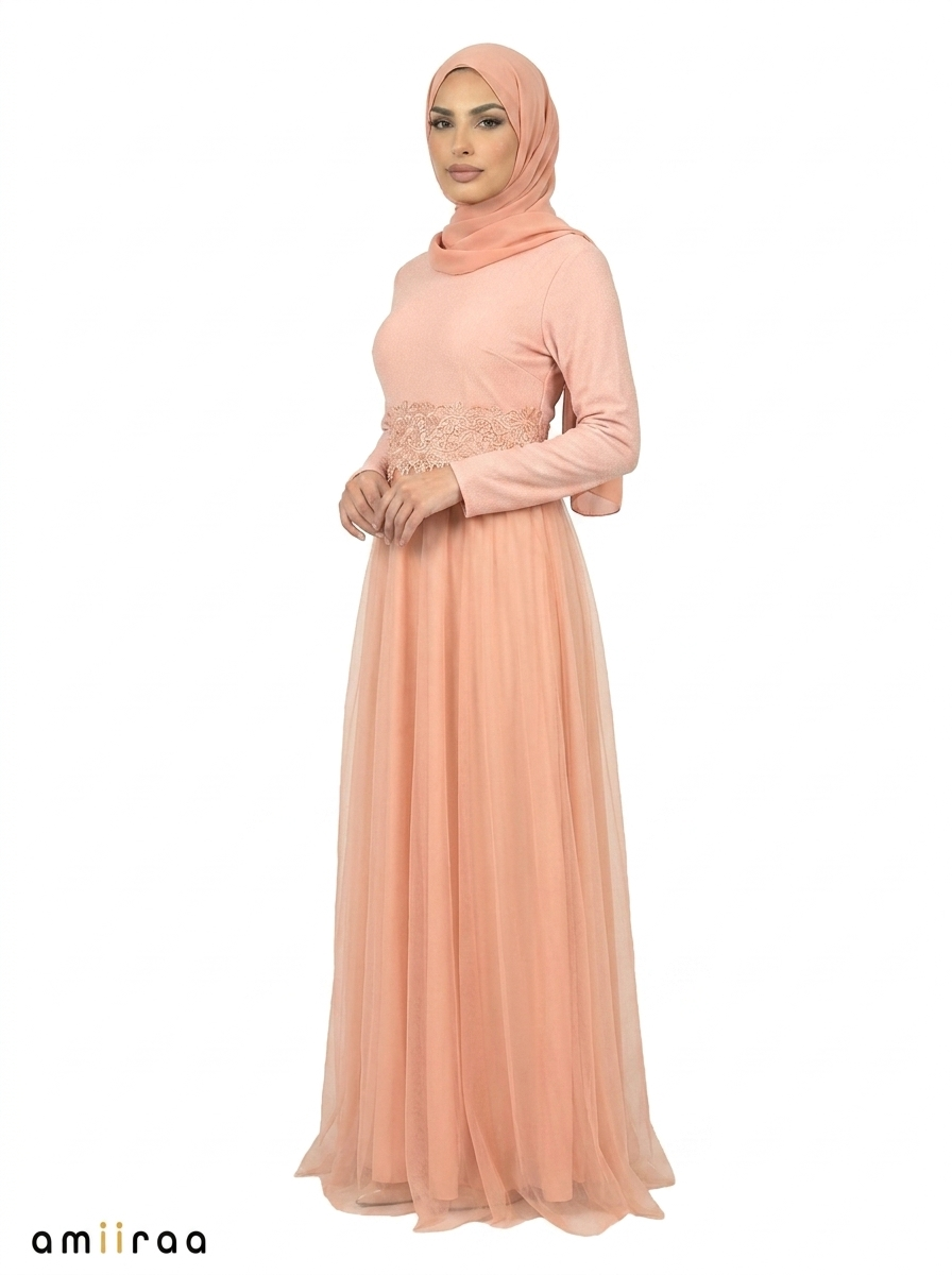 Pale Khaki Premium Modest Maxi Dress with Embroidered Waist Detail