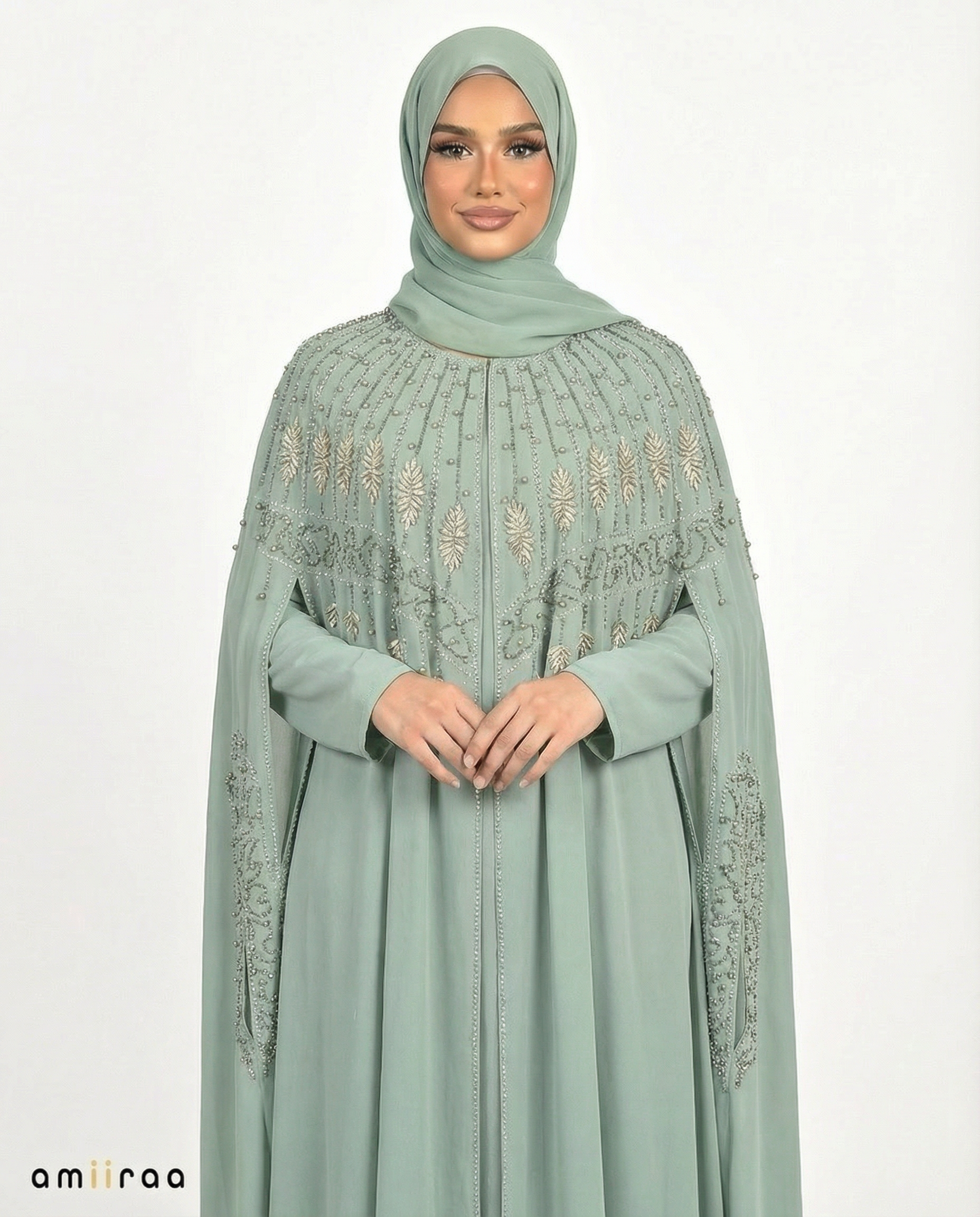Artic Celeste Beaded Two-Piece Cloak Abaya Set
