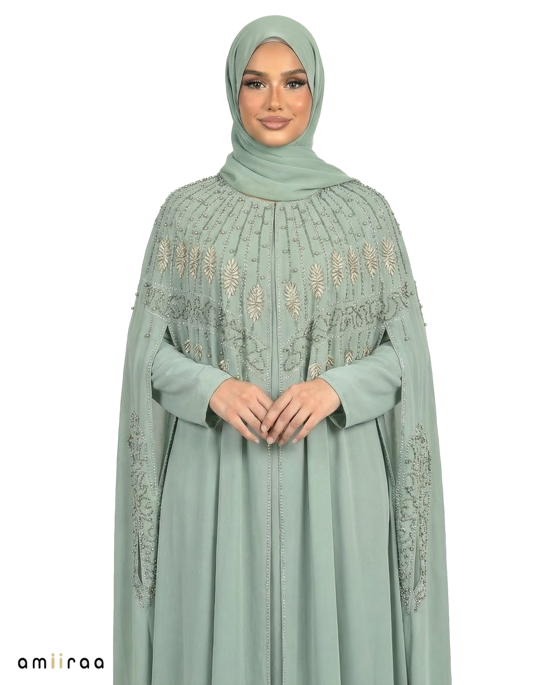 Artic Celeste Beaded Two-Piece Cloak Abaya Set