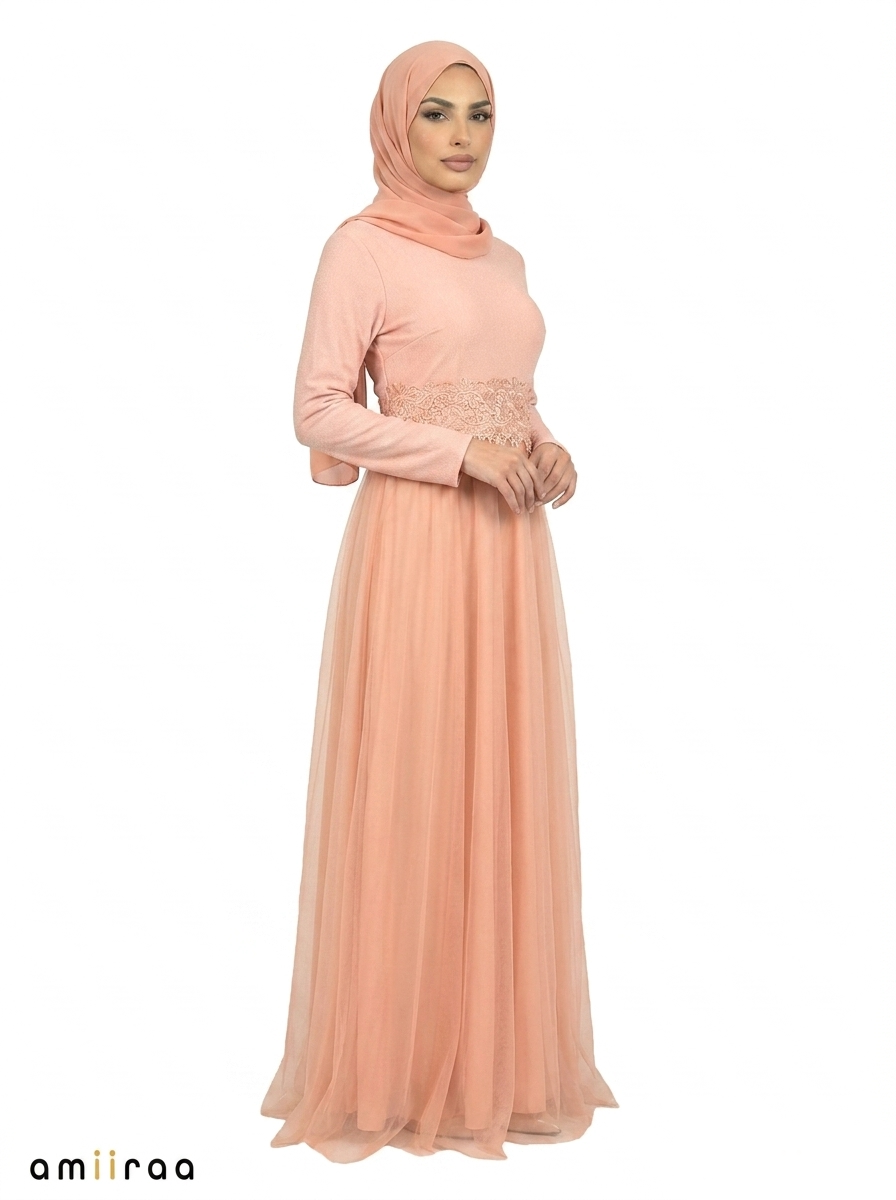 Pale Khaki Premium Modest Maxi Dress with Embroidered Waist Detail