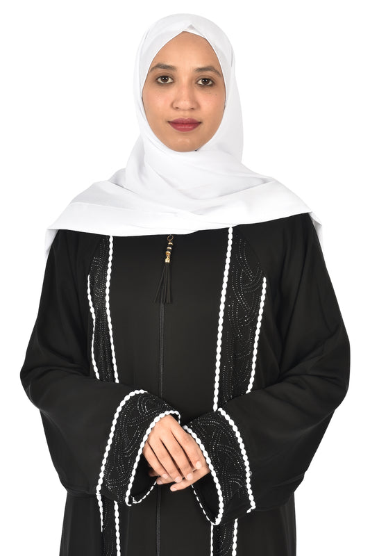 Classic Black Abaya with White Embroidered Details (ladies abaya )
