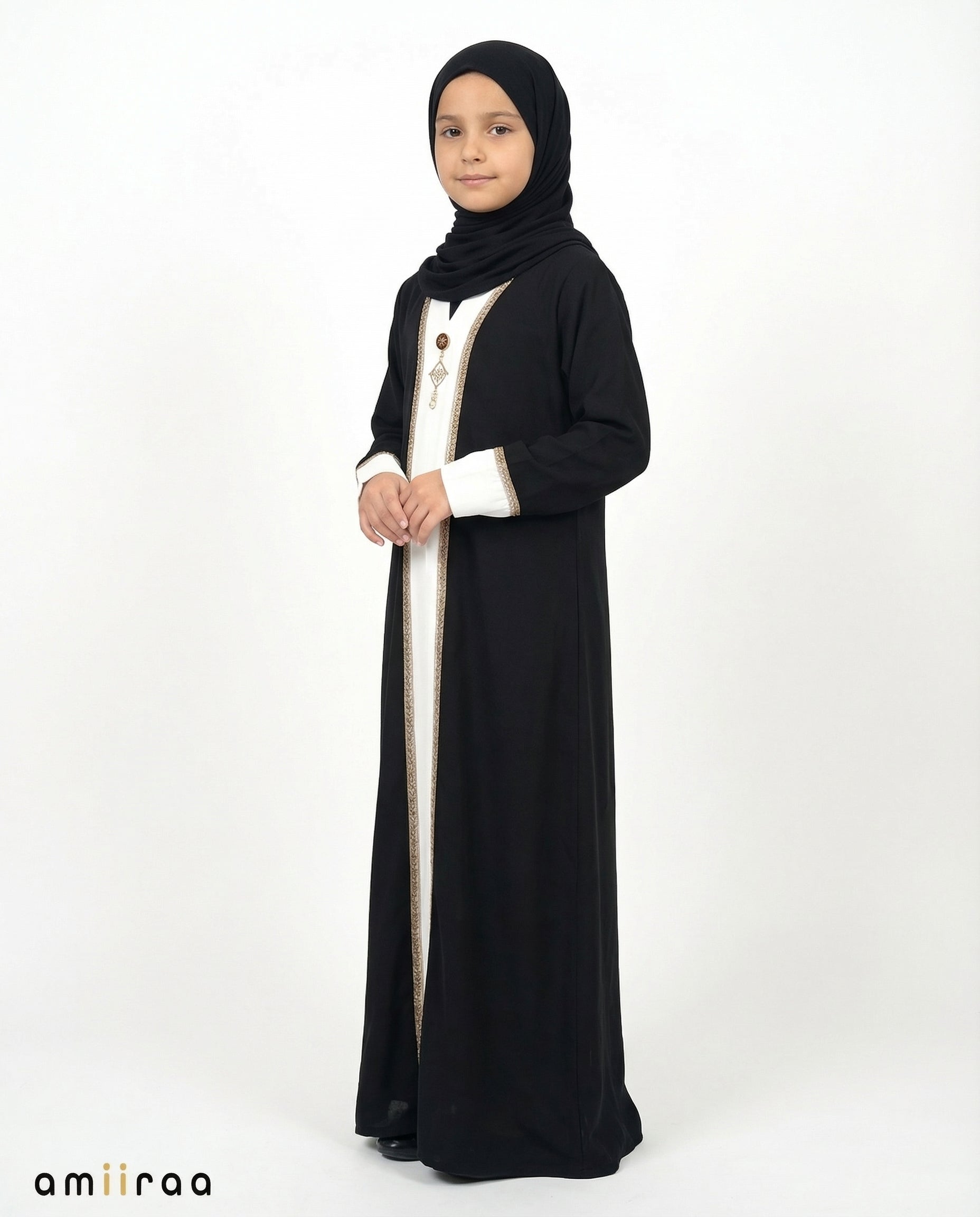 Stretch Limo Girls Elegant Open Abaya with Gold Trim Detailing