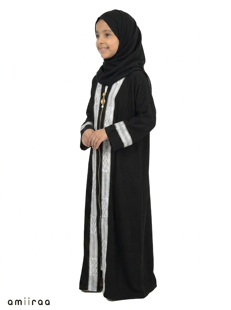 Tap Shoe Girls Saudi Abaya with Textured Silver Trim