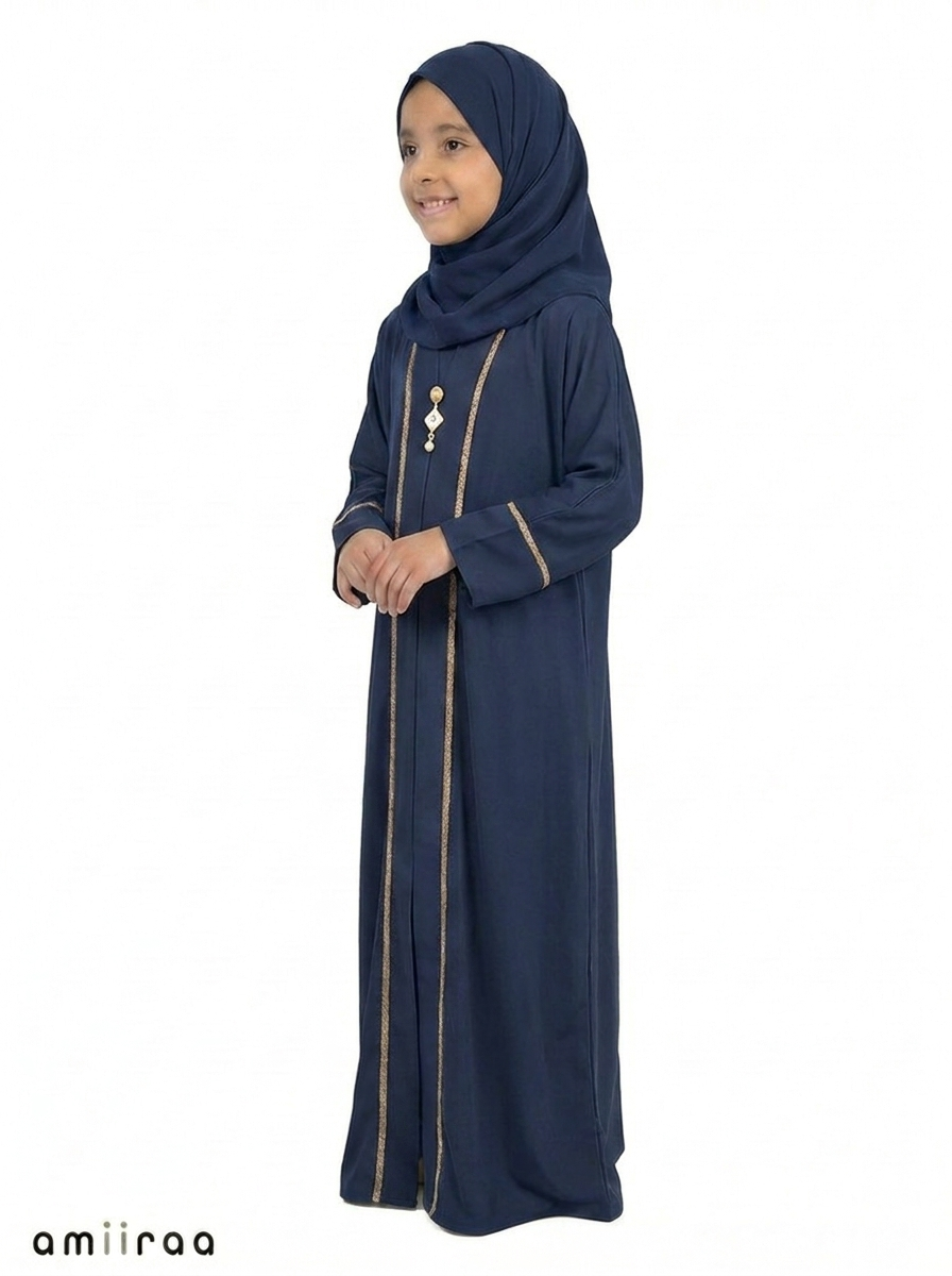 Dress Blue Saudi Abaya with Gold Trim Detailing