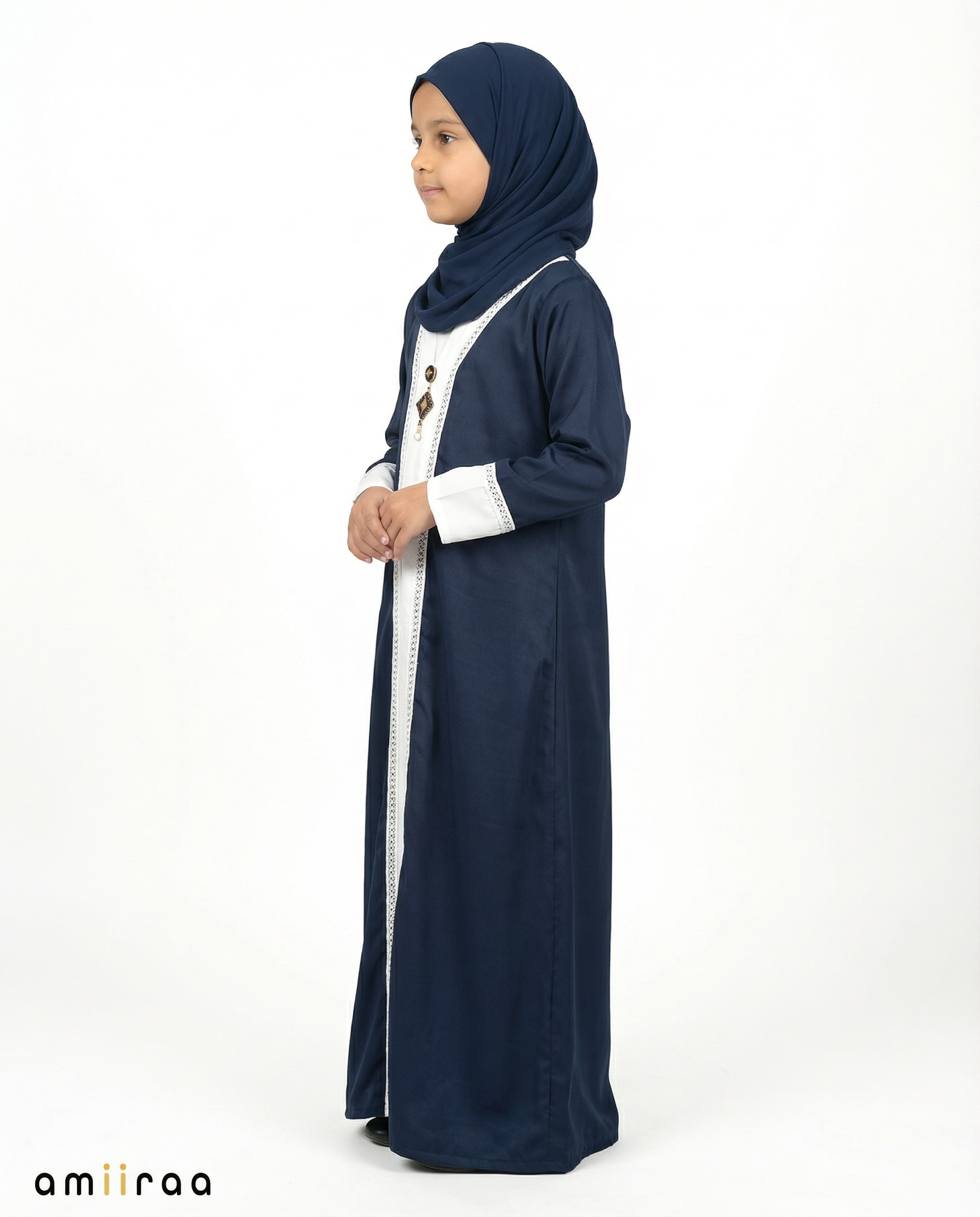 Black Iris Girls Elegant Open Abaya with Gold Trim Detailing