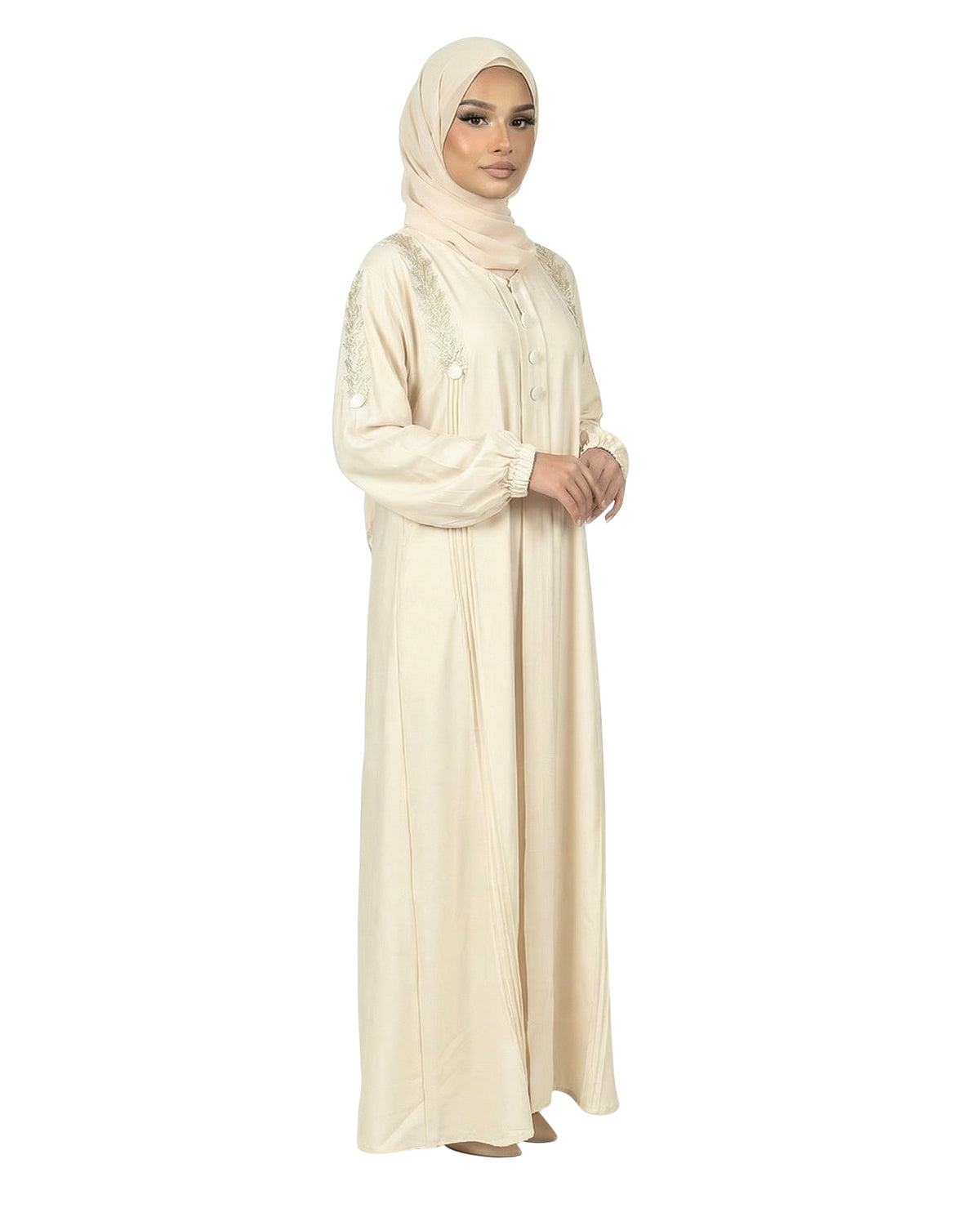 Button Detail Modest Abaya with Braided Trim - Lightest Sky