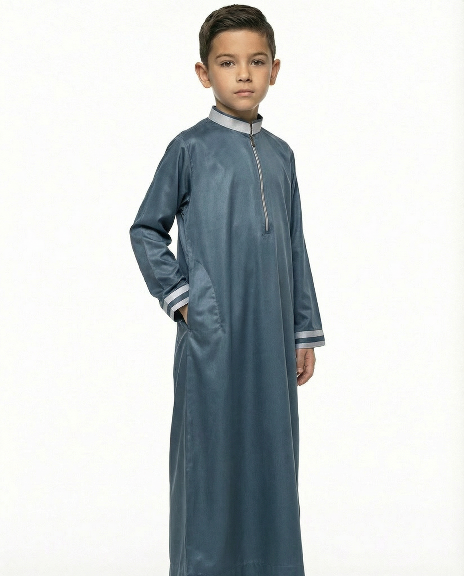 Ensign Blue Emirati Zip Collar Thobe with Contrast Cuff Trim