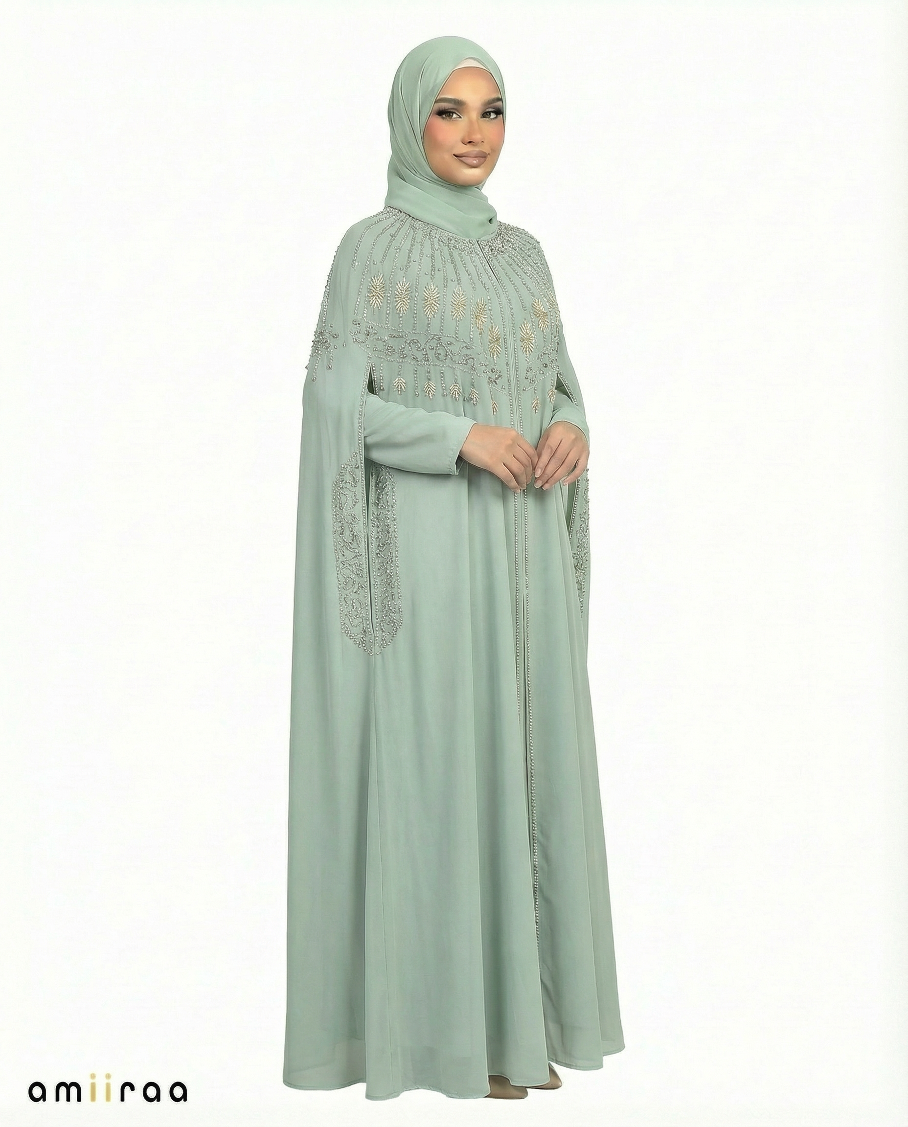 Artic Celeste Beaded Two-Piece Cloak Abaya Set