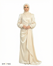 Angel Wing Drape Dress with Crystal-Embellished Waist & Puff Sleeves