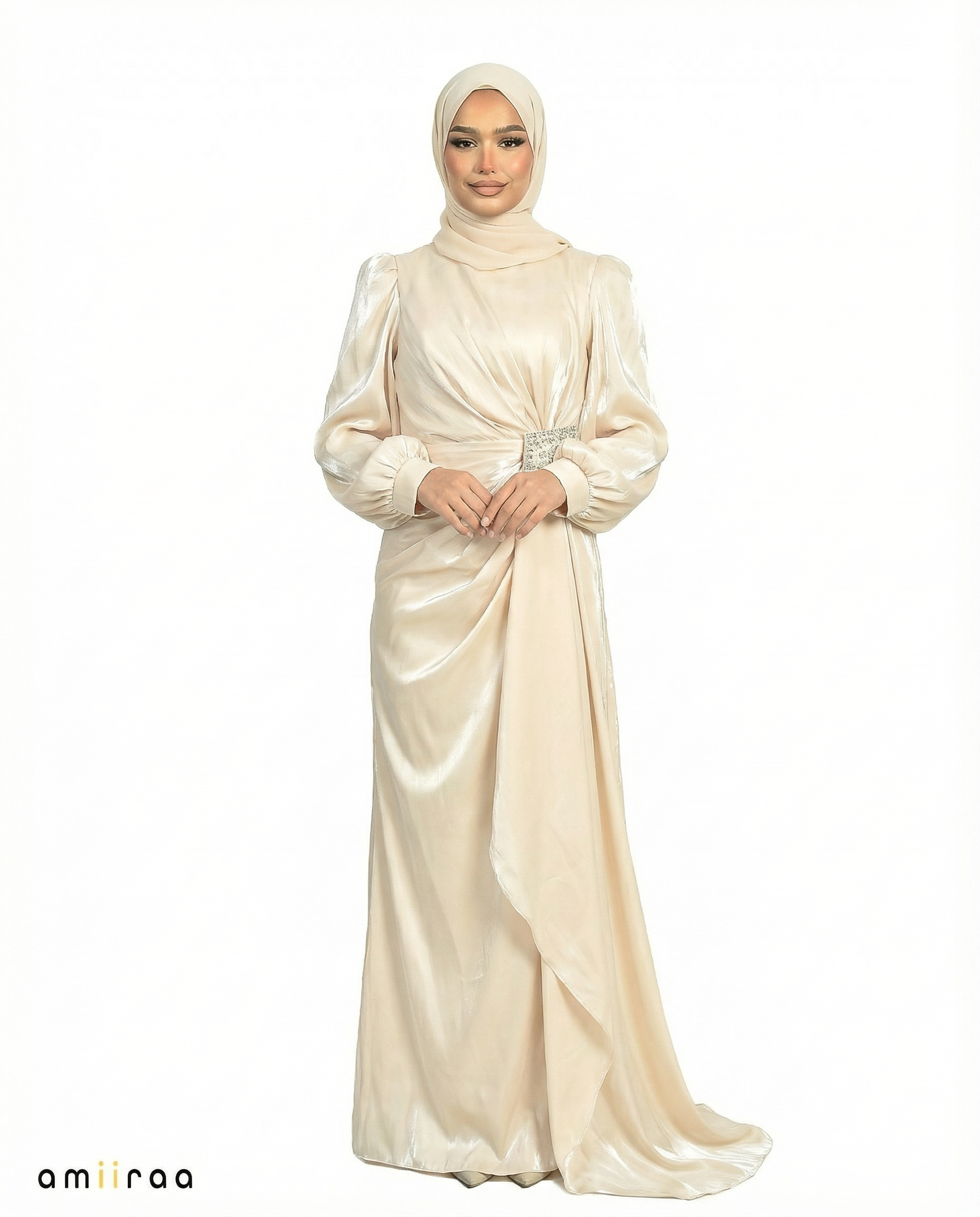 Angel Wing Drape Dress with Crystal-Embellished Waist & Puff Sleeves