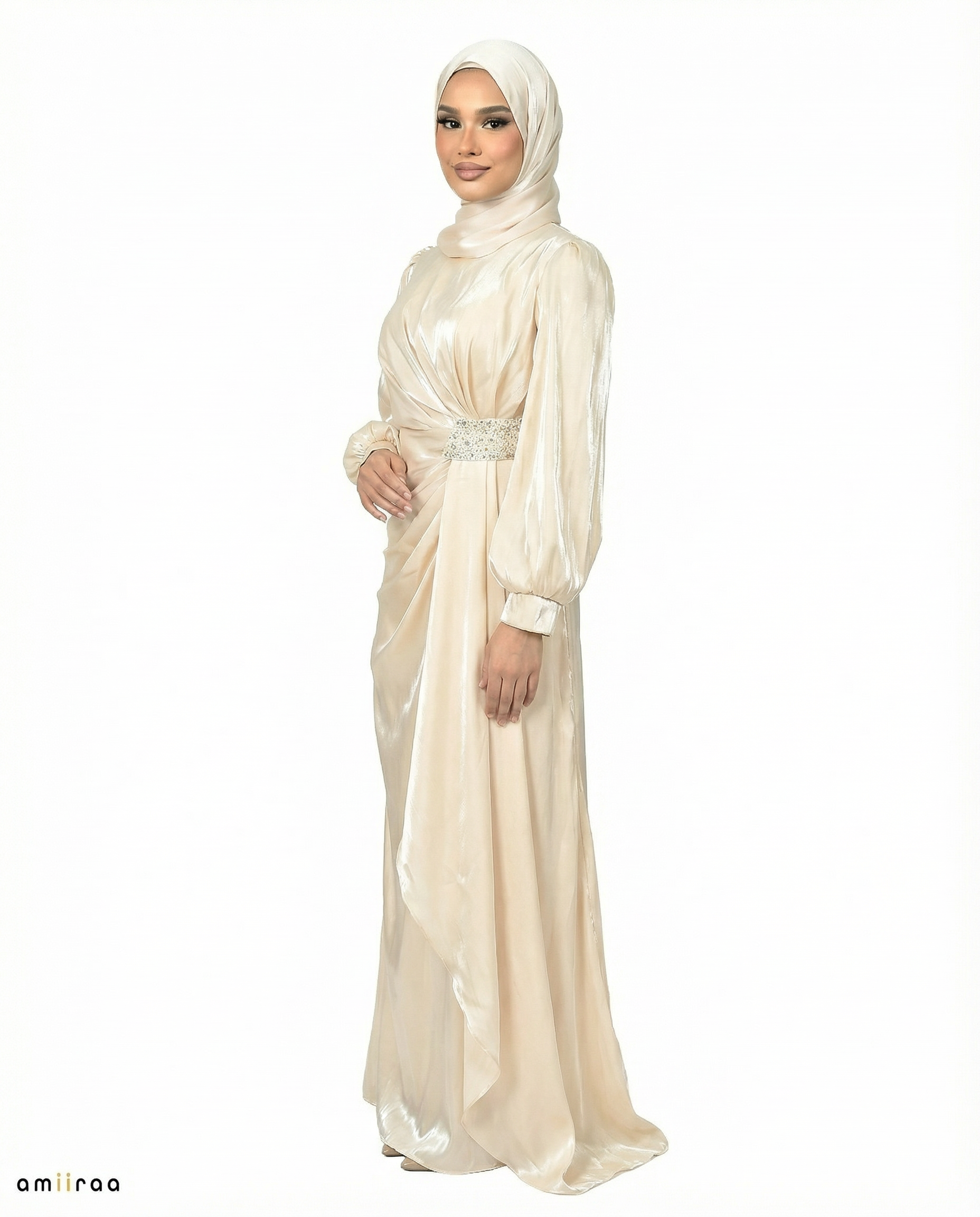 Angel Wing Drape Dress with Crystal-Embellished Waist & Puff Sleeves