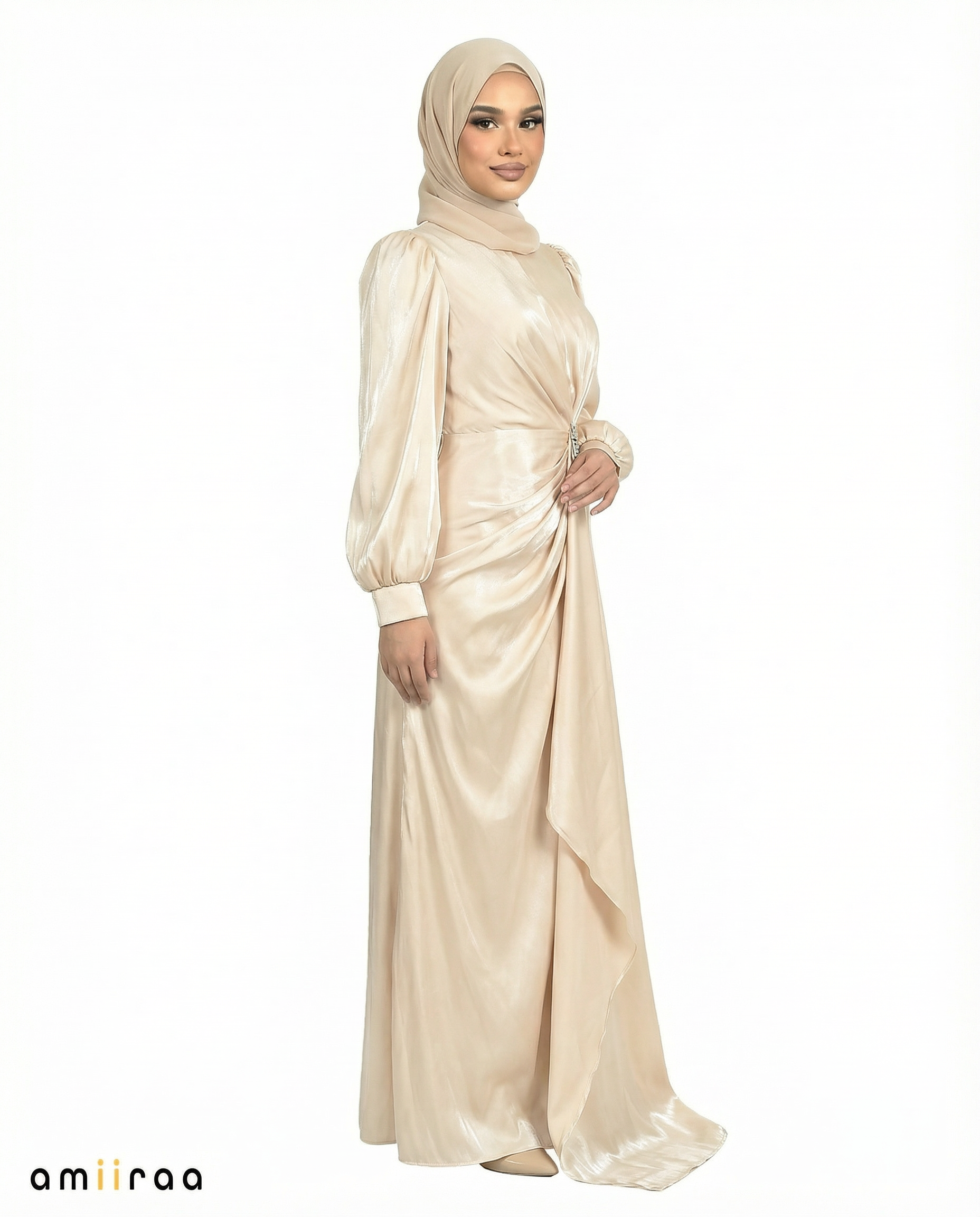 Angel Wing Drape Dress with Crystal-Embellished Waist & Puff Sleeves