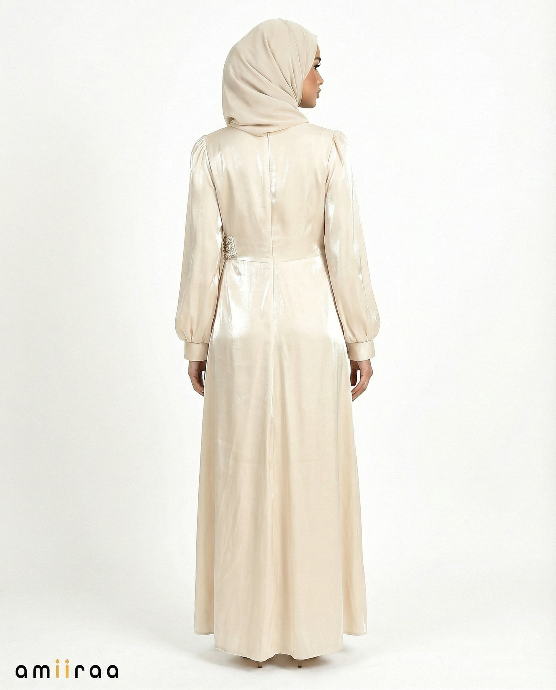 Angel Wing Drape Dress with Crystal-Embellished Waist & Puff Sleeves