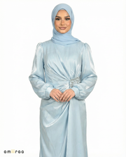 Blue Surf Drape Dress with Crystal-Embellished Waist & Puff Sleeves