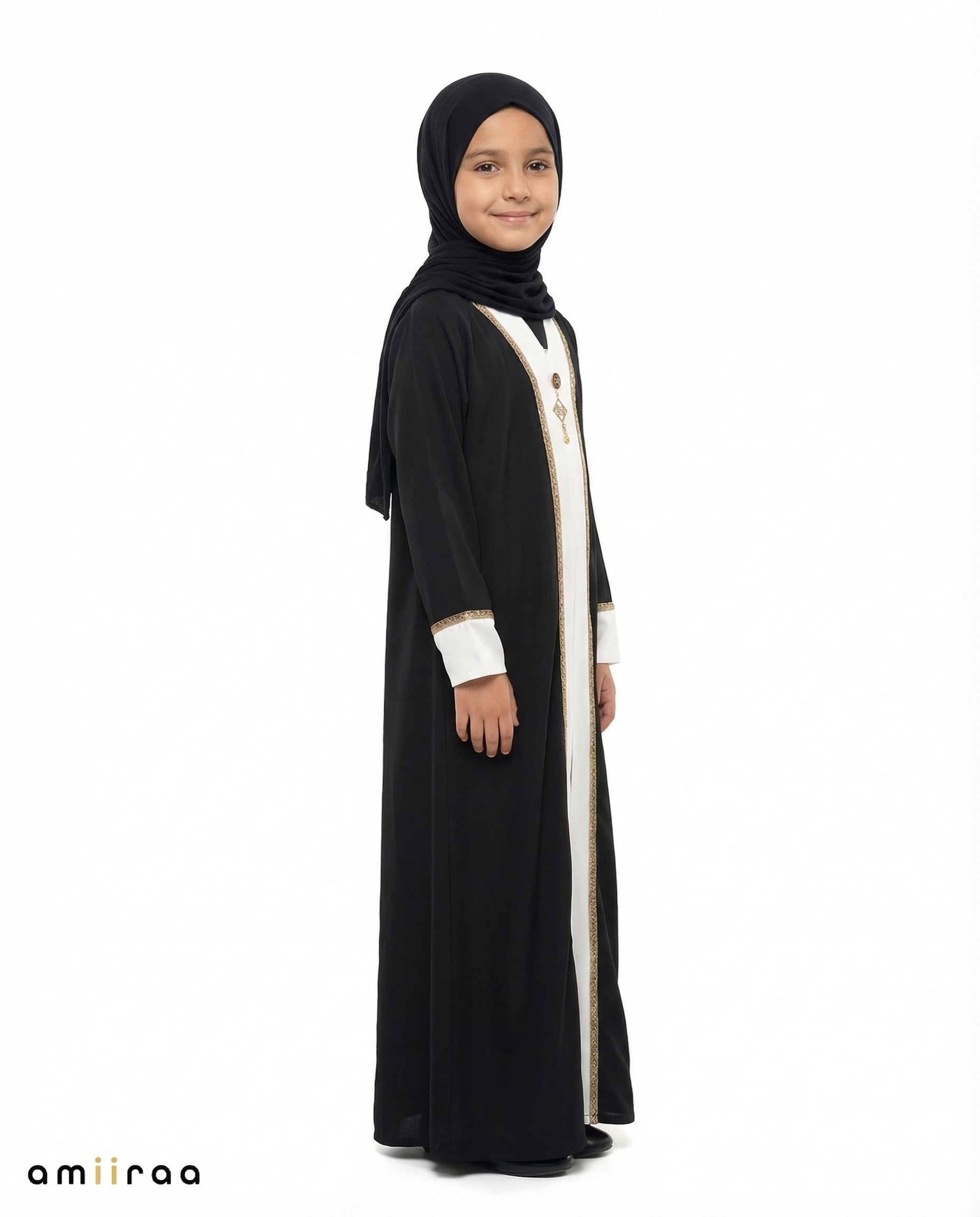 Stretch Limo Girls Elegant Open Abaya with Gold Trim Detailing