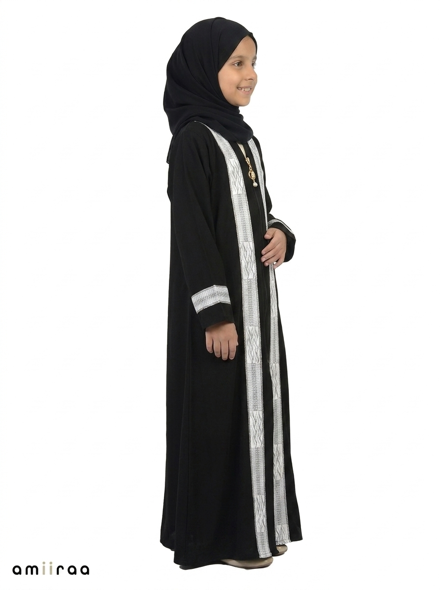 Tap Shoe Girls Saudi Abaya with Textured Silver Trim