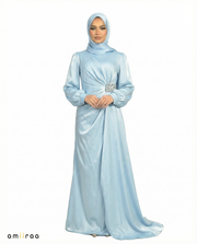 Blue Surf Drape Dress with Crystal-Embellished Waist & Puff Sleeves