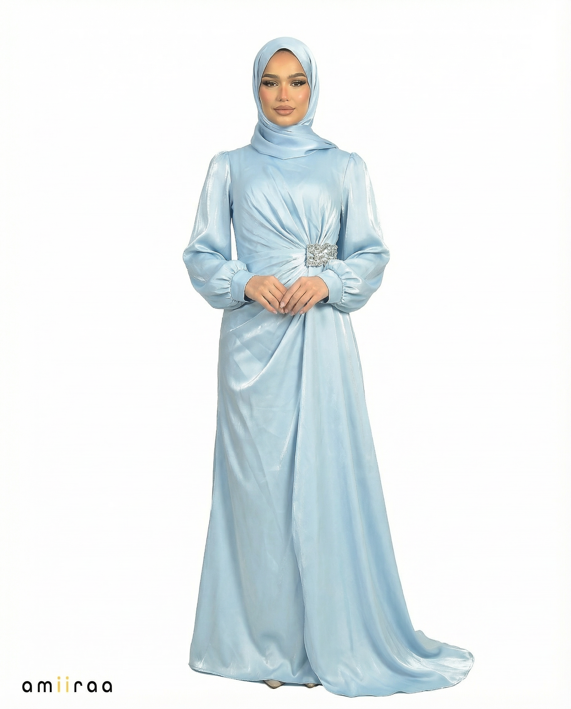Blue Surf Drape Dress with Crystal-Embellished Waist & Puff Sleeves