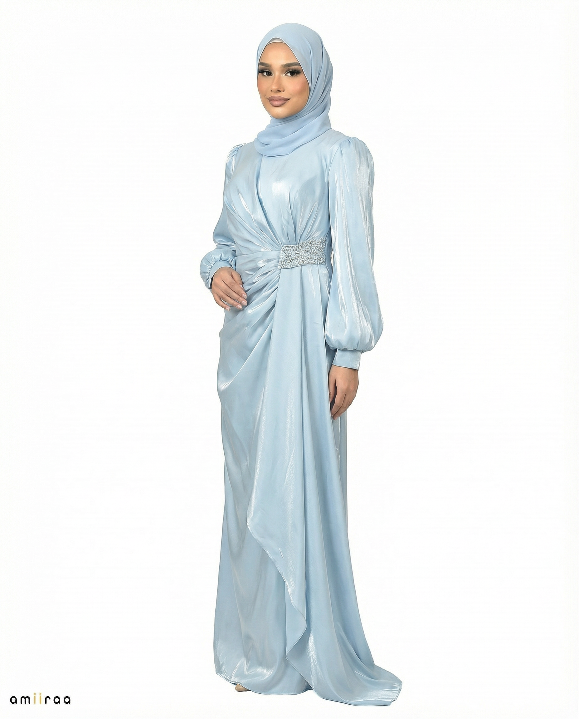 Blue Surf Drape Dress with Crystal-Embellished Waist & Puff Sleeves