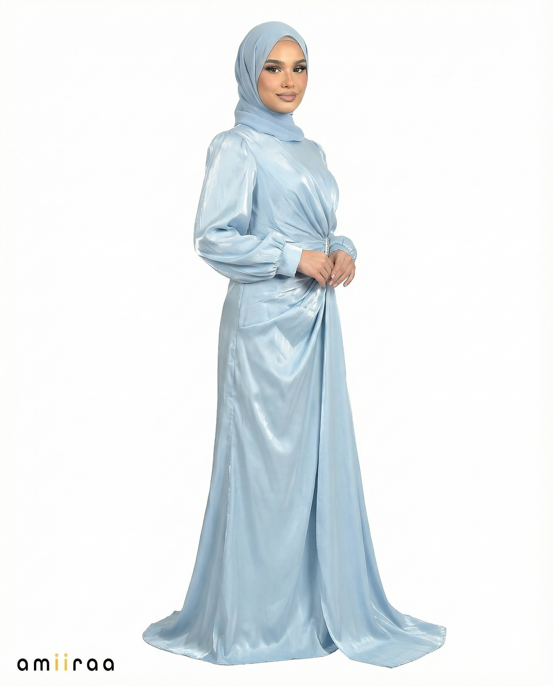 Blue Surf Drape Dress with Crystal-Embellished Waist & Puff Sleeves