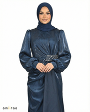 Black Iris Drape Dress with Crystal-Embellished Waist & Puff Sleeves