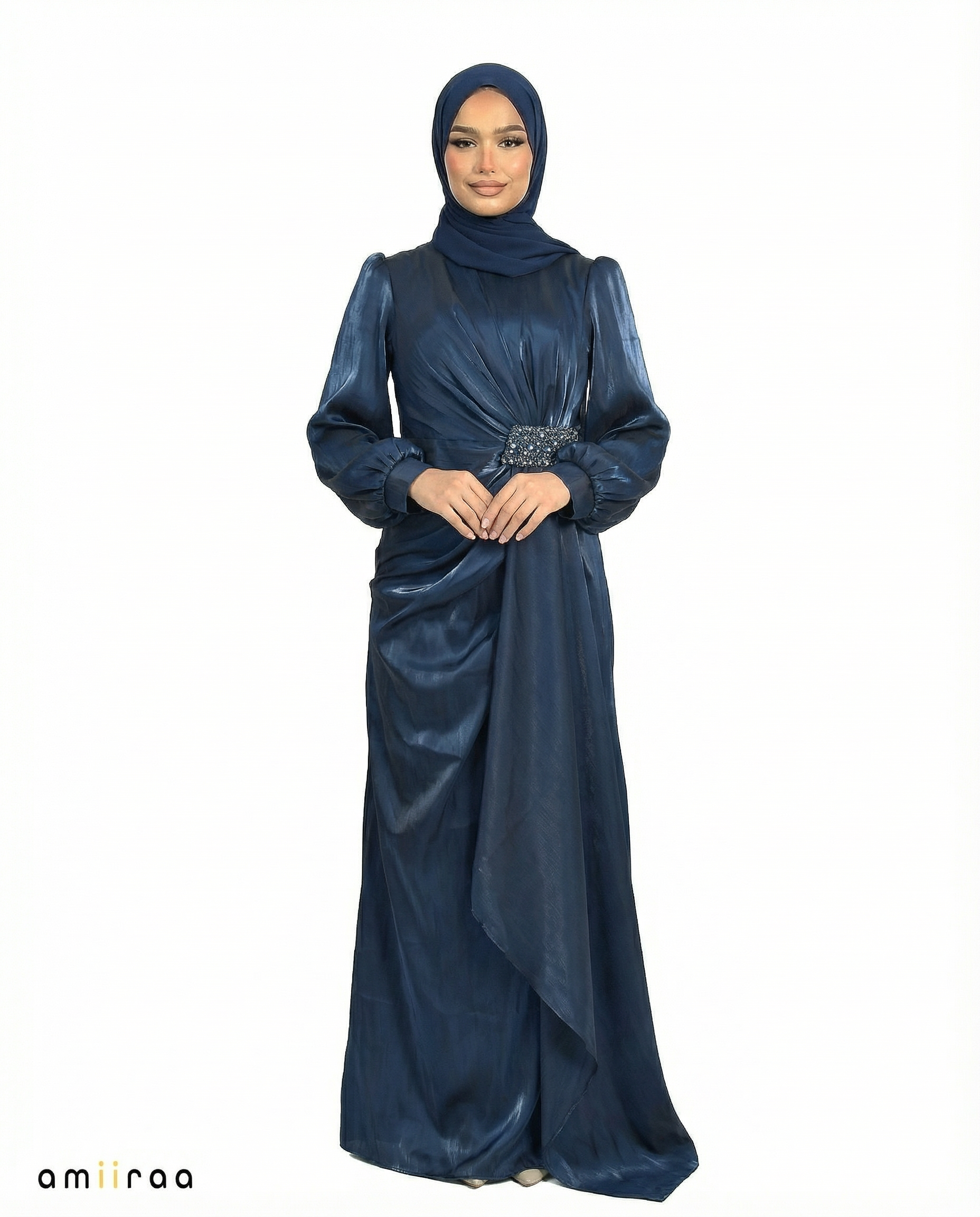 Black Iris Drape Dress with Crystal-Embellished Waist & Puff Sleeves