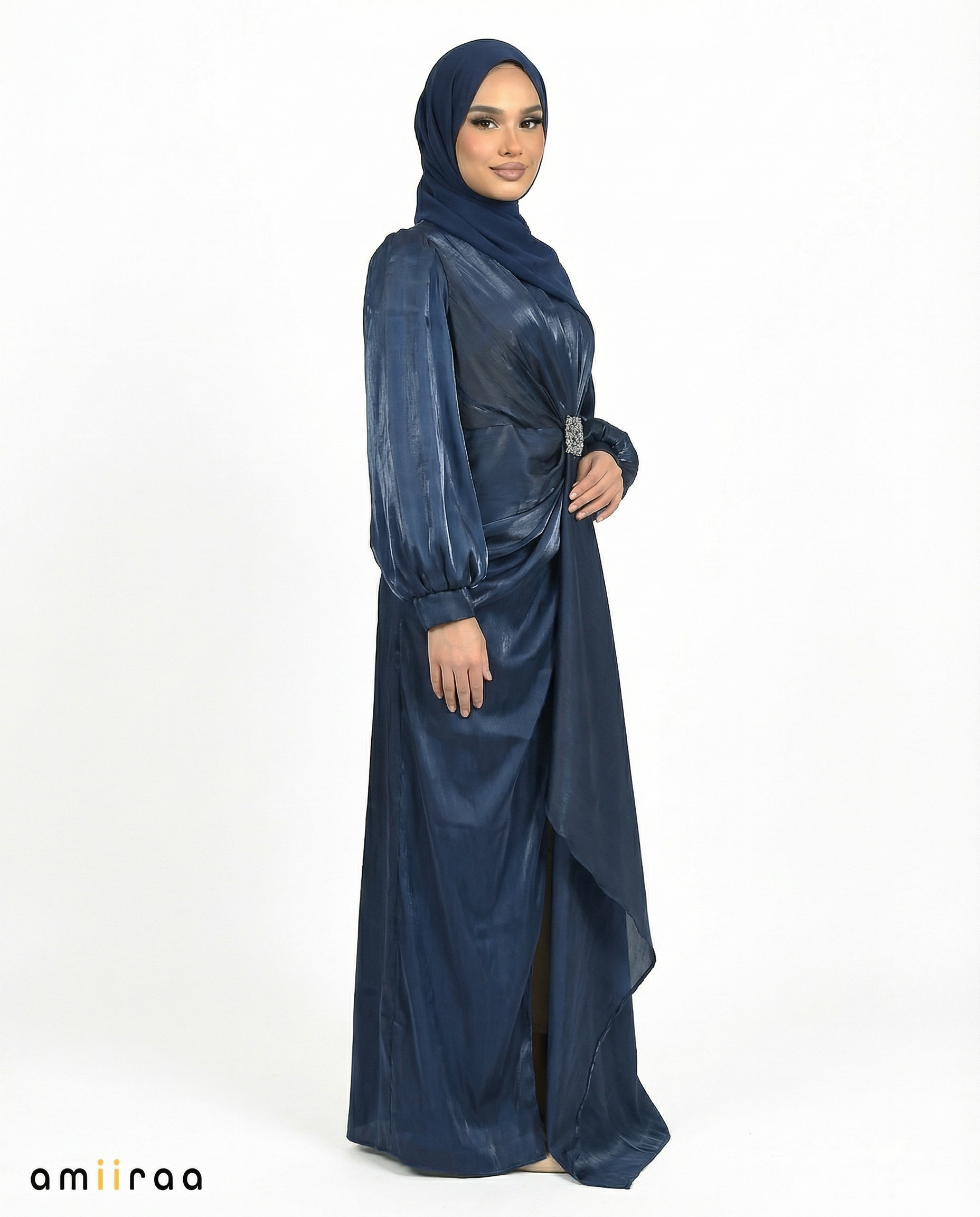 Black Iris Drape Dress with Crystal-Embellished Waist & Puff Sleeves