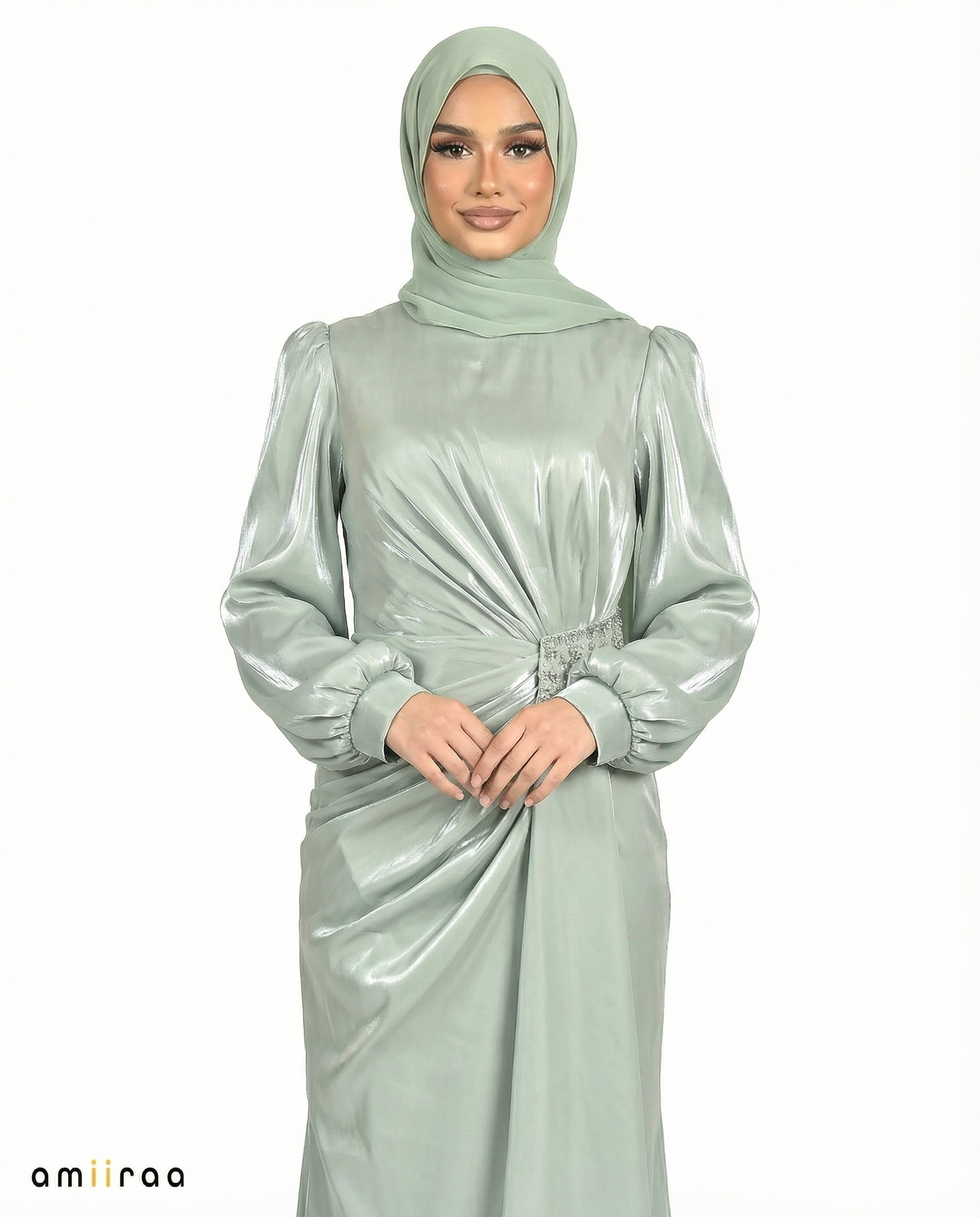 Laurel Wreath Drape Dress with Crystal-Embellished Waist & Puff Sleeves