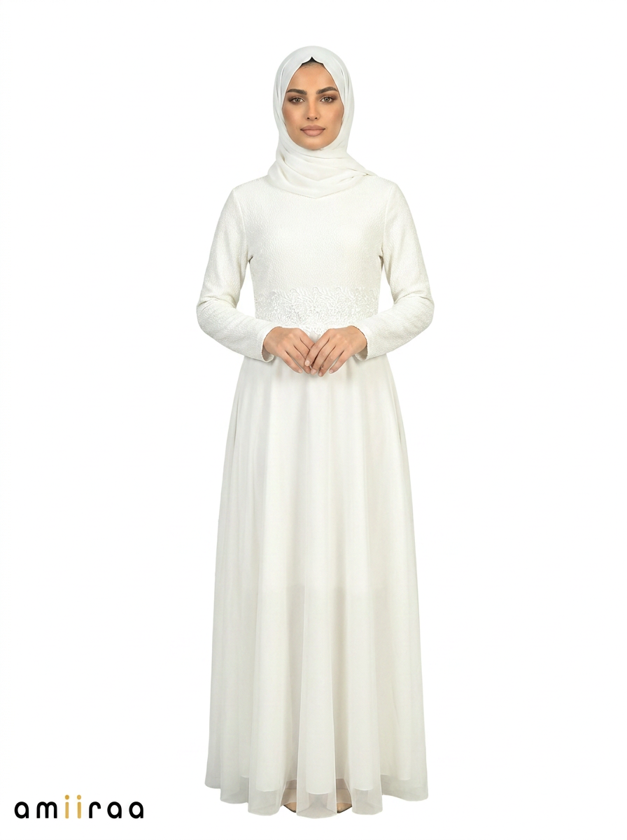 Blanc De Blanc Premium Modest Maxi Dress with Embroidered Waist Detail