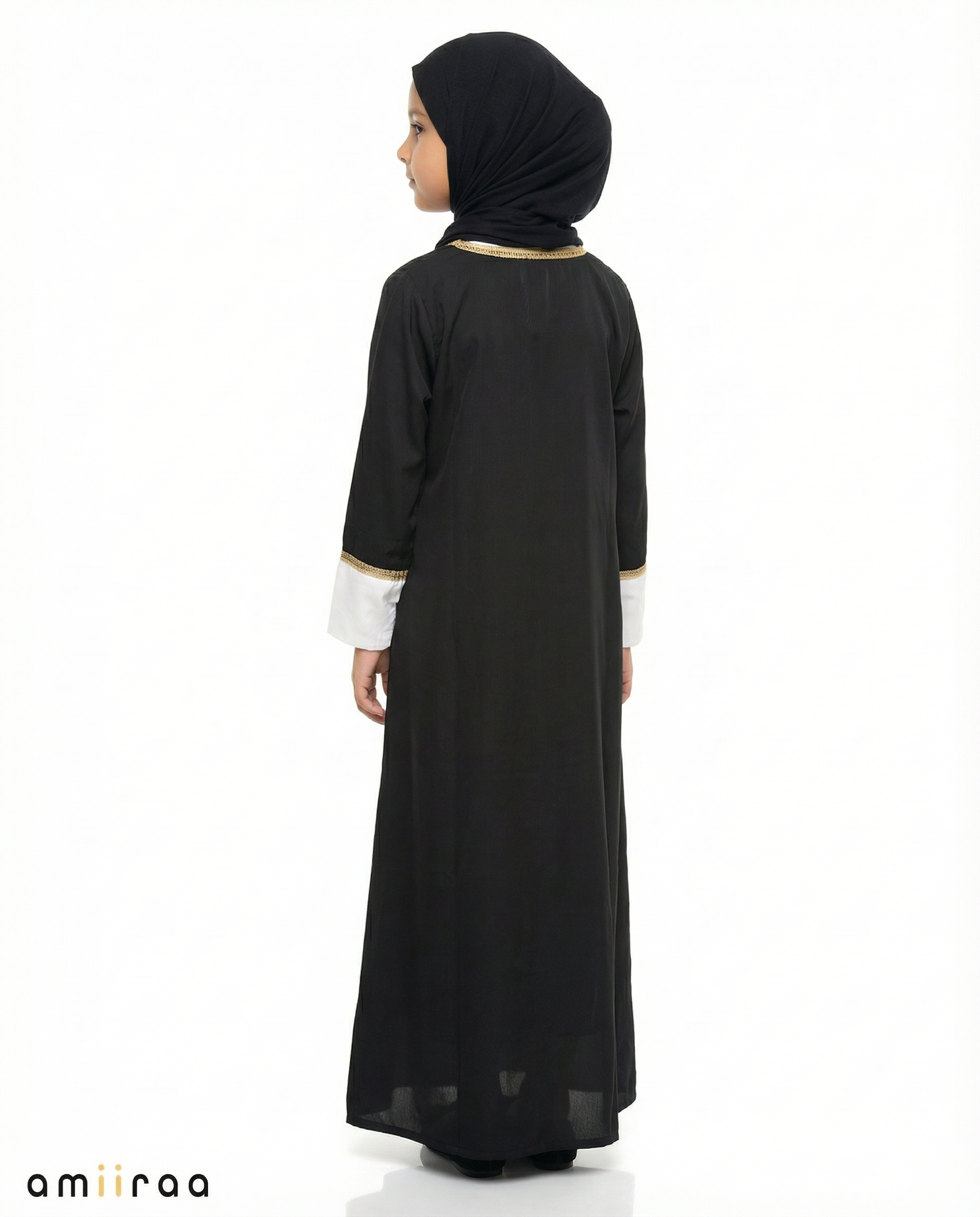 Stretch Limo Girls Elegant Open Abaya with Gold Trim Detailing