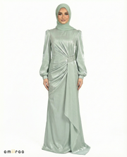 Laurel Wreath Drape Dress with Crystal-Embellished Waist & Puff Sleeves