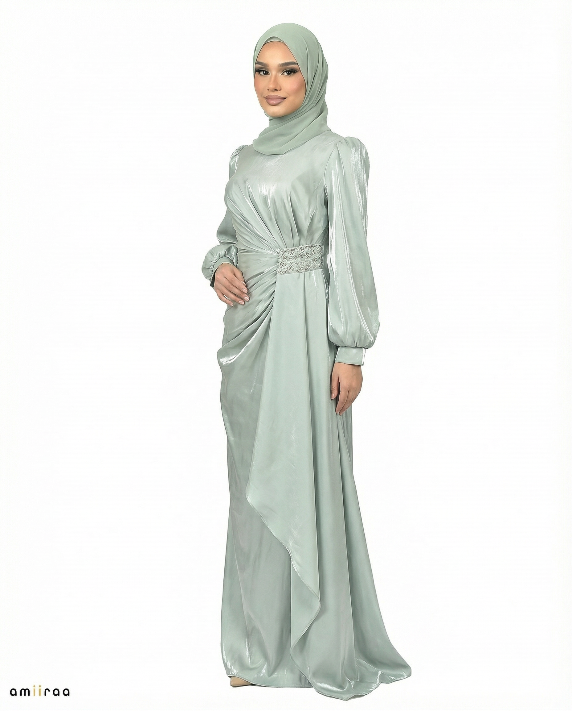Laurel Wreath Drape Dress with Crystal-Embellished Waist & Puff Sleeves