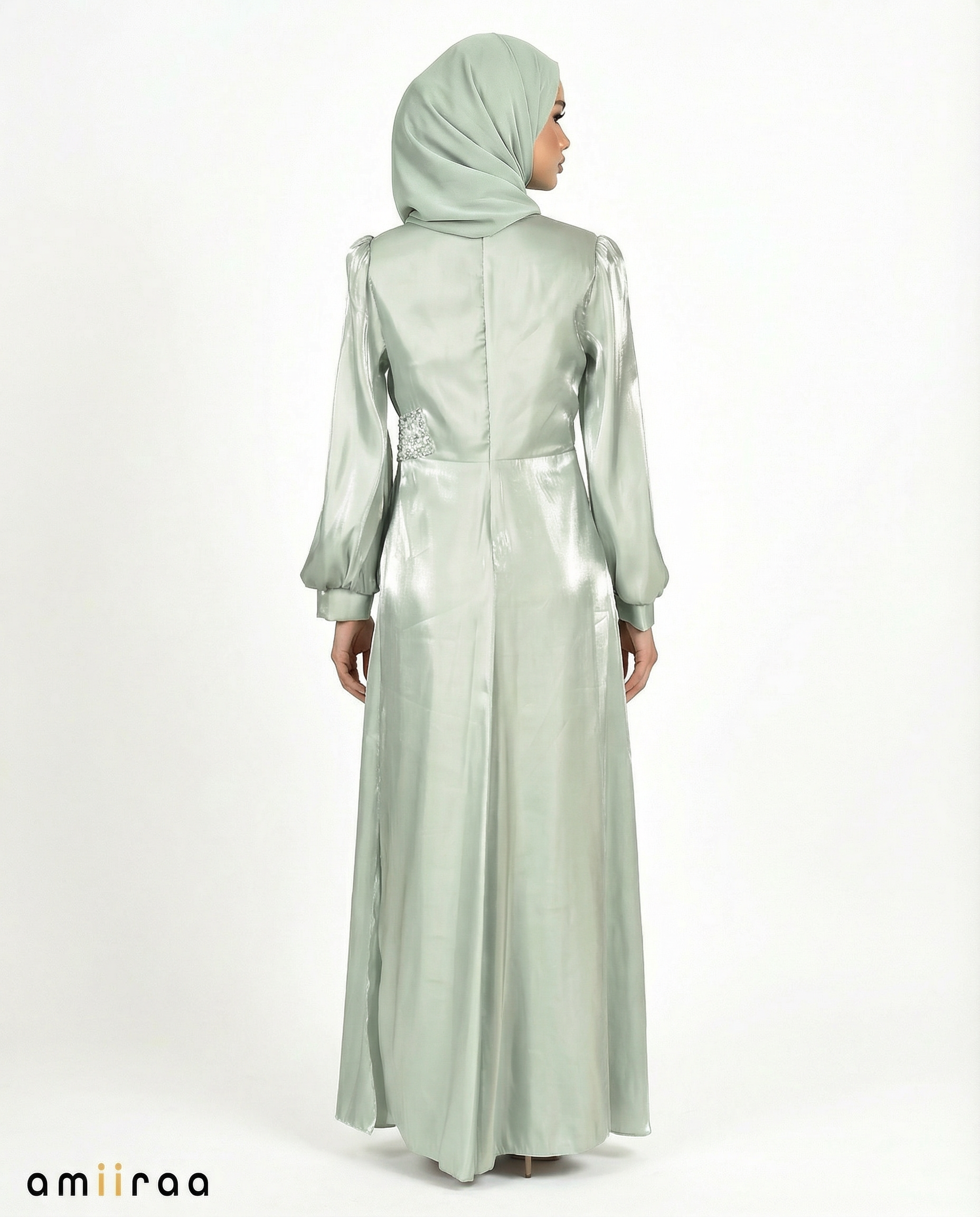 Laurel Wreath Drape Dress with Crystal-Embellished Waist & Puff Sleeves