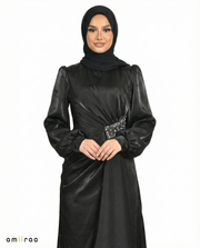 Meteorite Drape Dress with Crystal-Embellished Waist & Puff Sleeves
