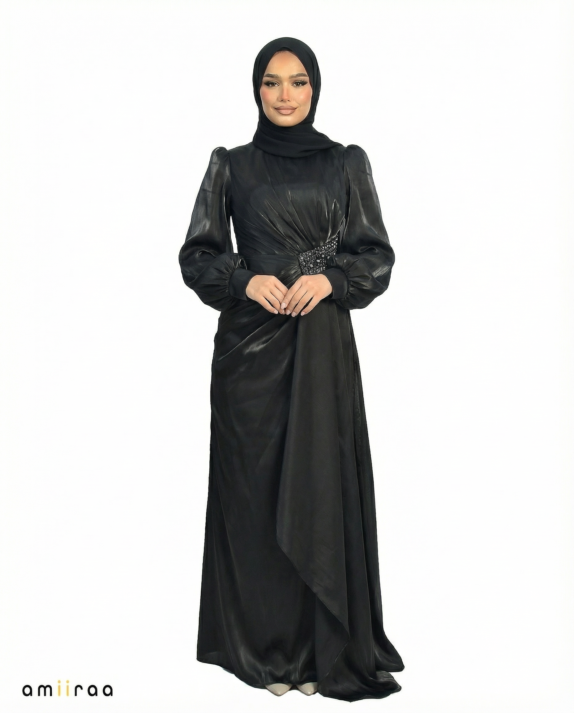 Meteorite Drape Dress with Crystal-Embellished Waist & Puff Sleeves