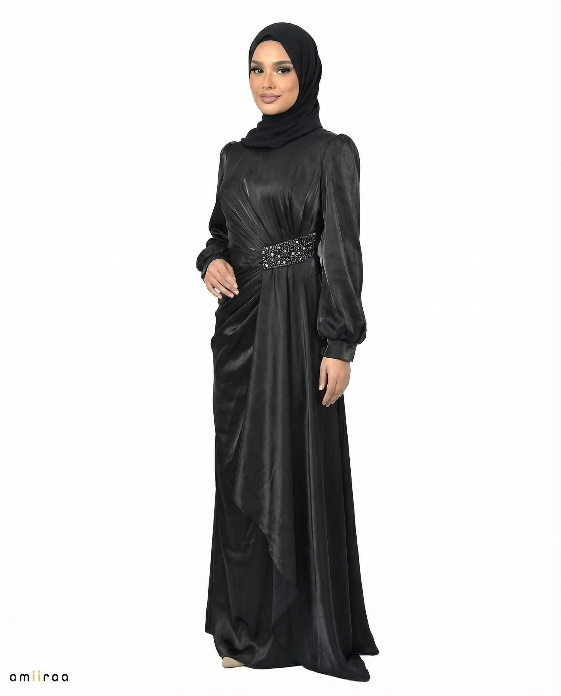 Meteorite Drape Dress with Crystal-Embellished Waist & Puff Sleeves