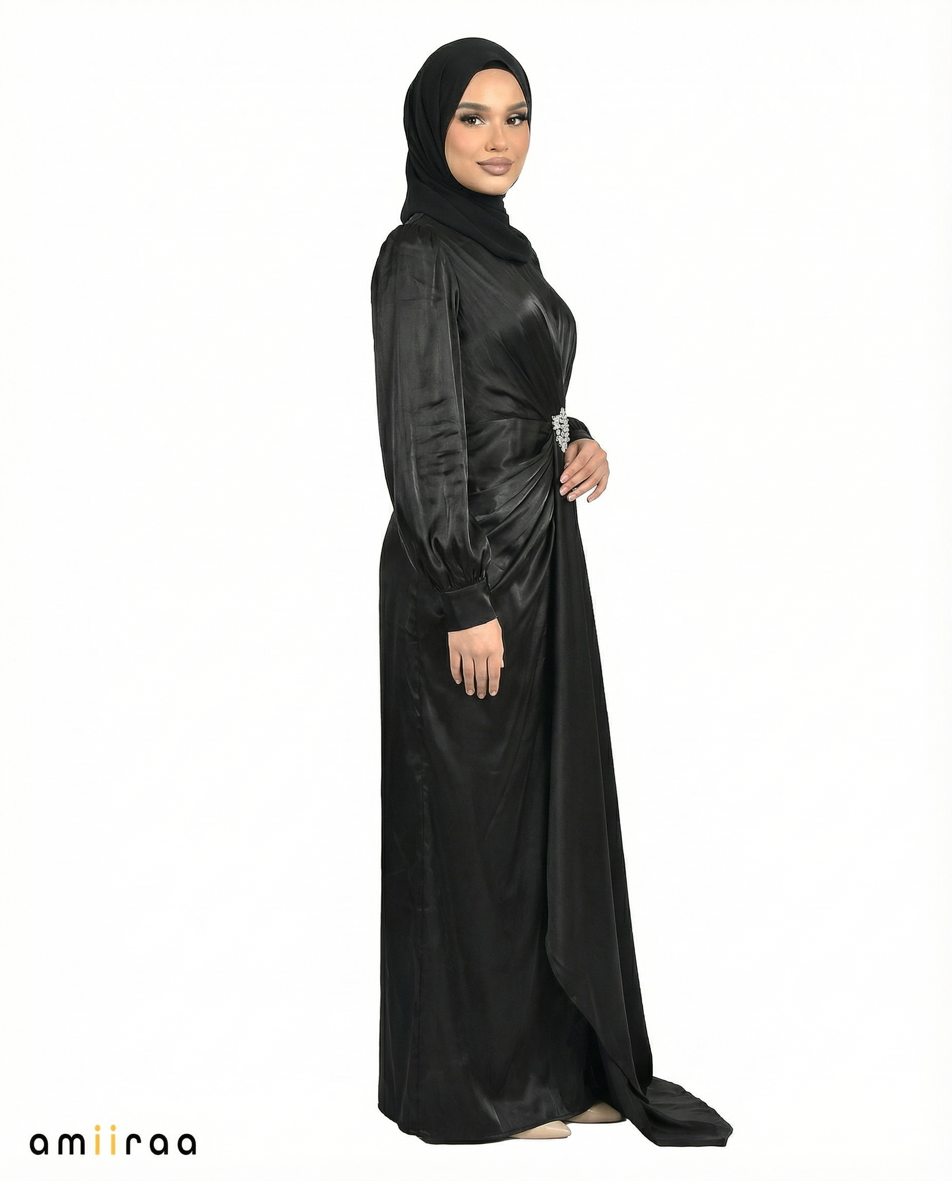 Meteorite Drape Dress with Crystal-Embellished Waist & Puff Sleeves