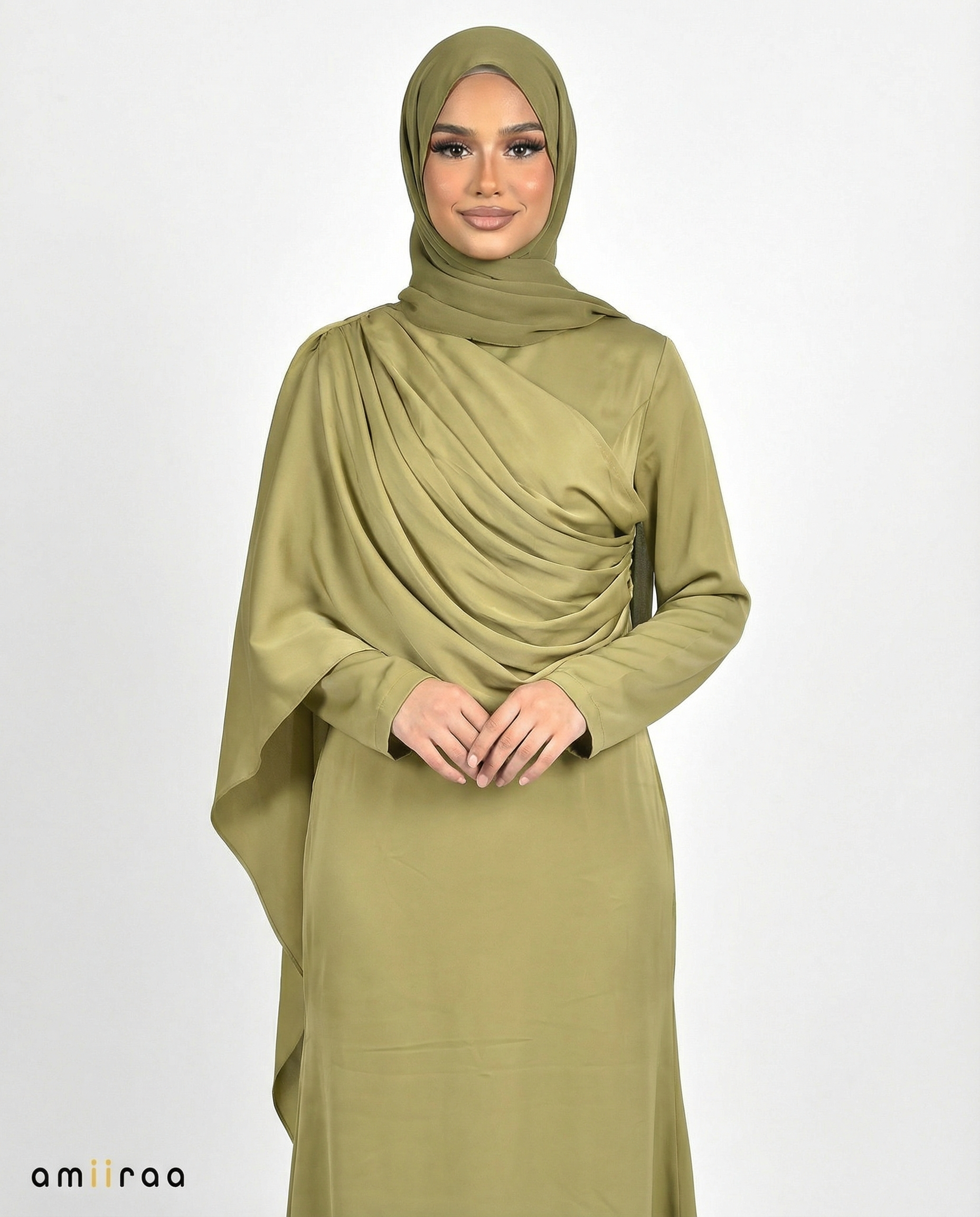 Burnished Gold Silk-Feel Draped Cape Overlay Maxi Dress