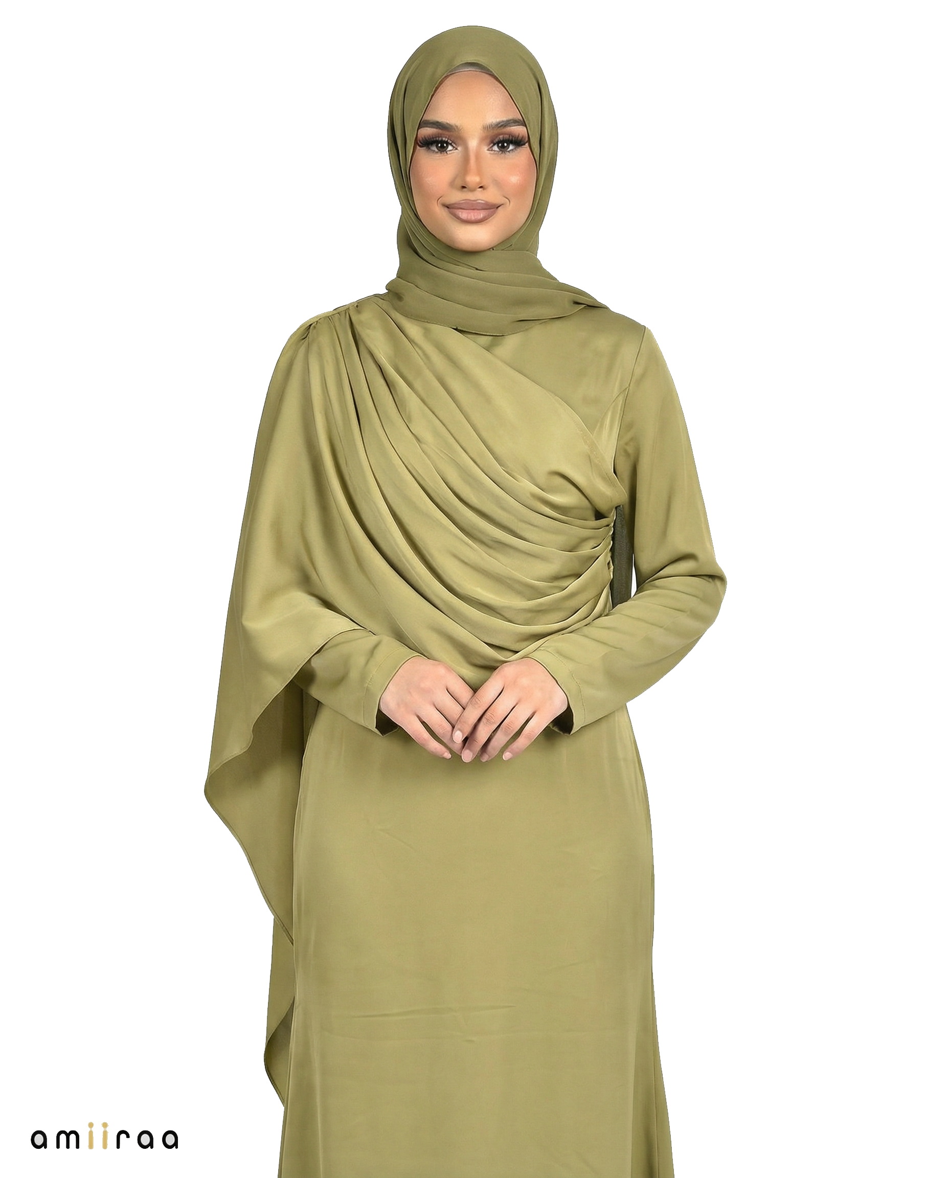 Burnished Gold Silk-Feel Draped Cape Overlay Maxi Dress